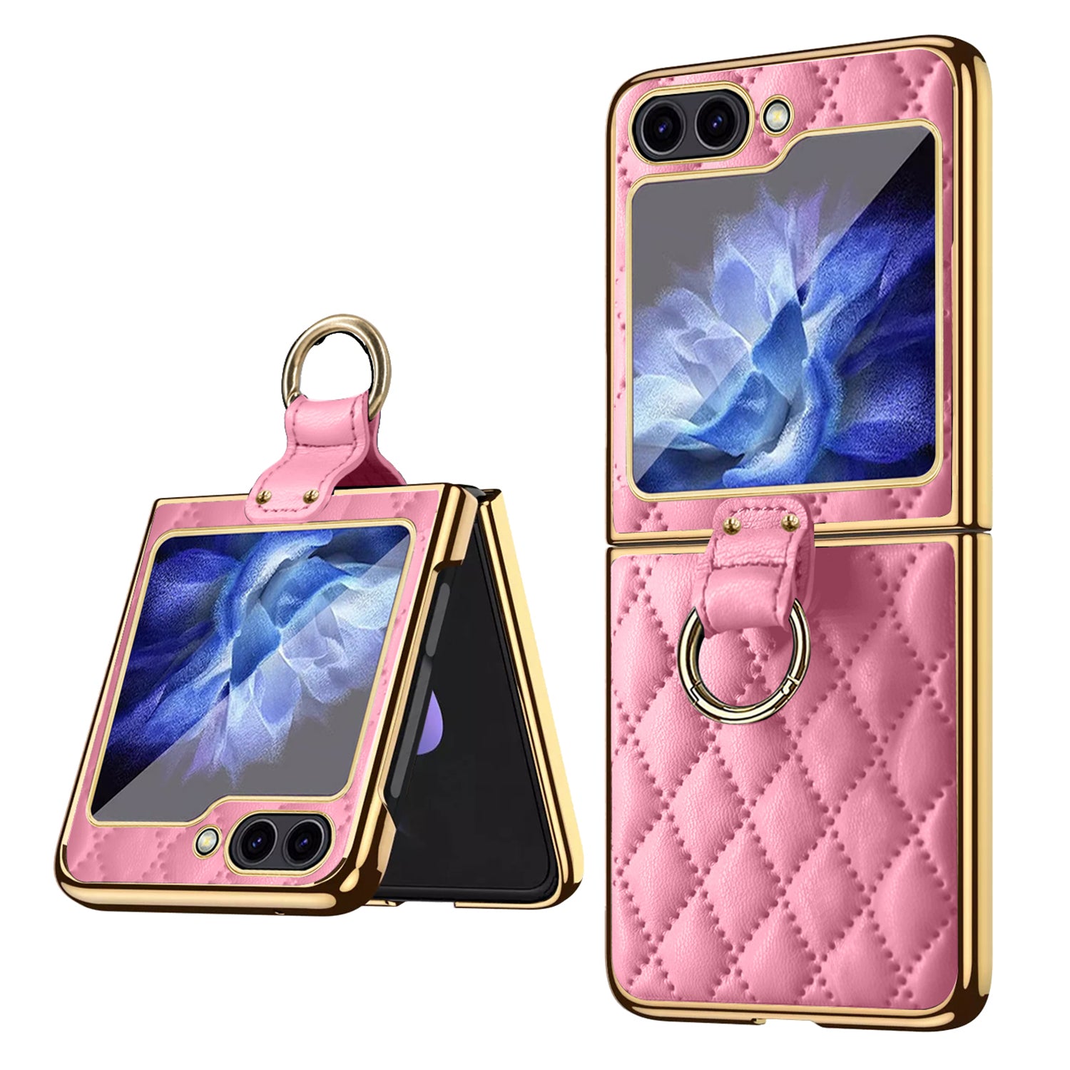 For Samsung Galaxy Z Flip5 5G PU Leather Coated PC Phone Case Ring Kickstand Cover with Tempered Glass Film