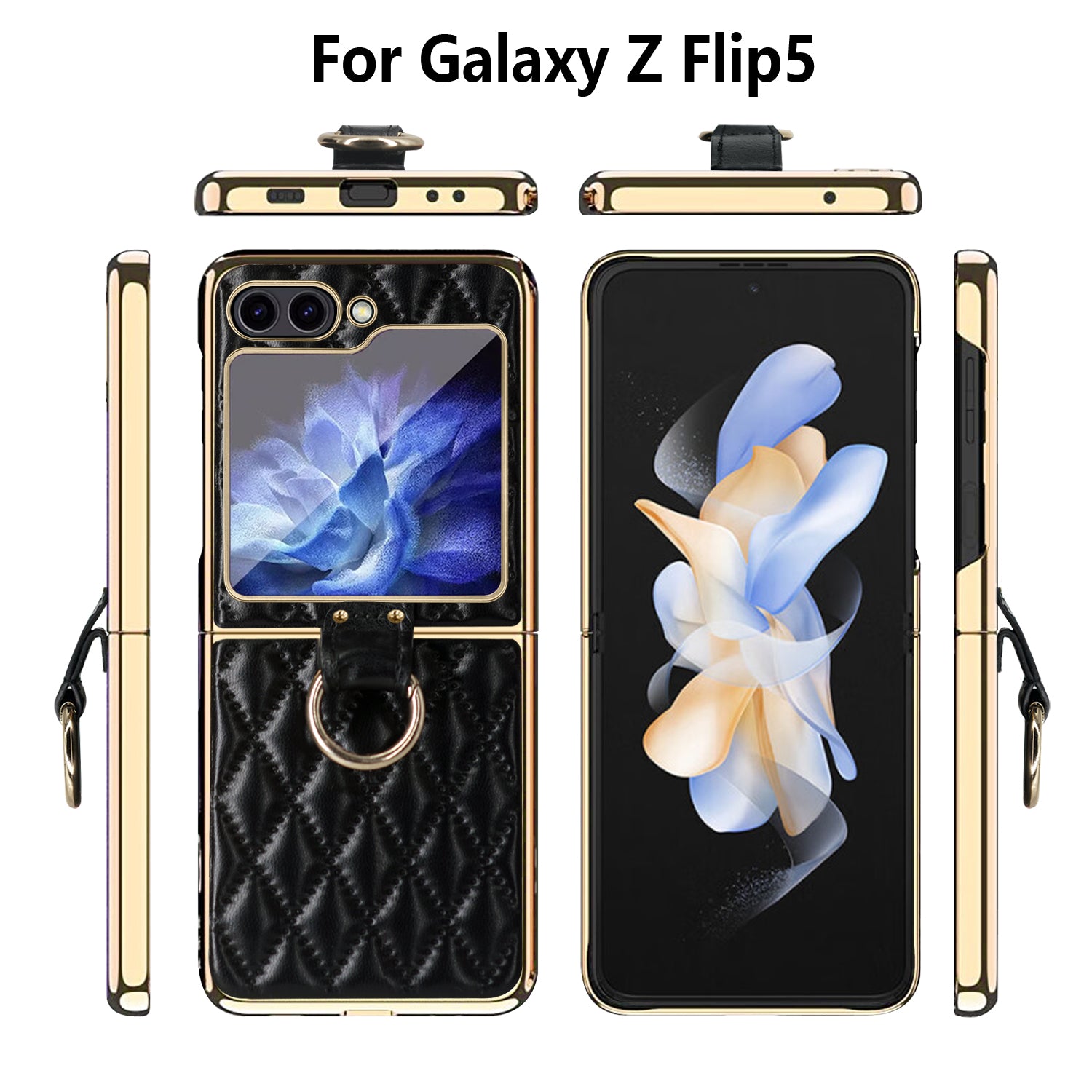 For Samsung Galaxy Z Flip5 5G PU Leather Coated PC Phone Case Ring Kickstand Cover with Tempered Glass Film