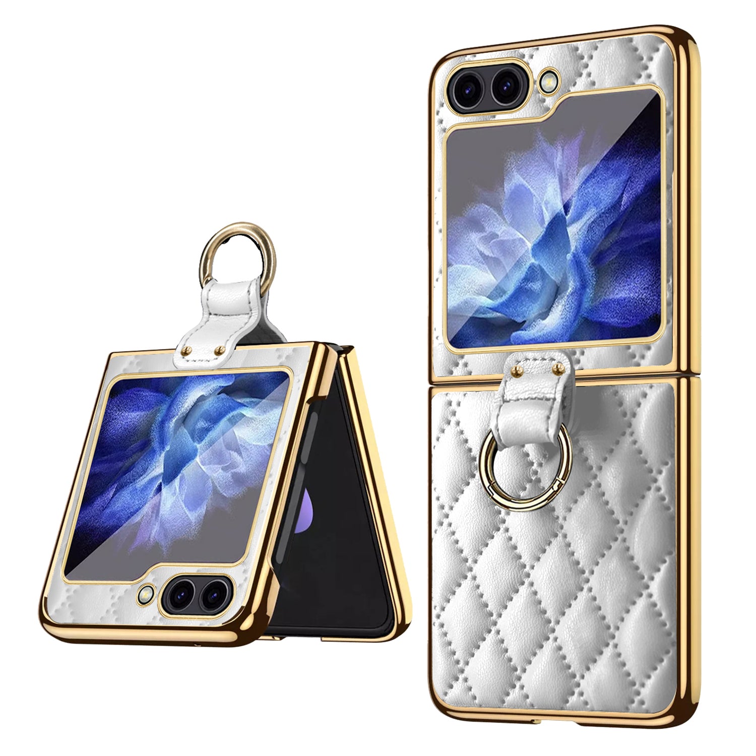 For Samsung Galaxy Z Flip5 5G PU Leather Coated PC Phone Case Ring Kickstand Cover with Tempered Glass Film