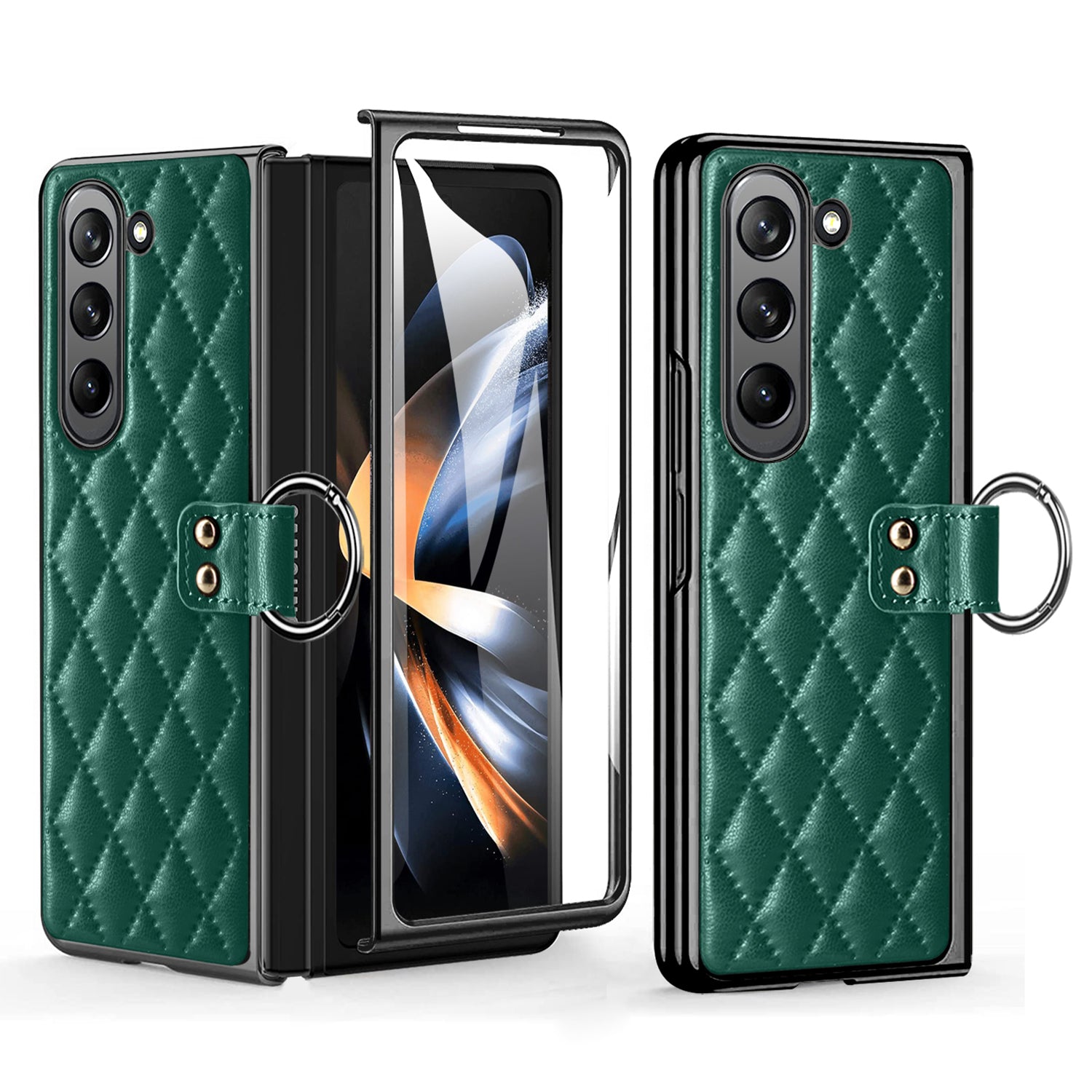 For Samsung Galaxy Z Fold5 5G Ring Kickstand Phone Case Shockproof PU Leather PC Tempered Glass Film Cover