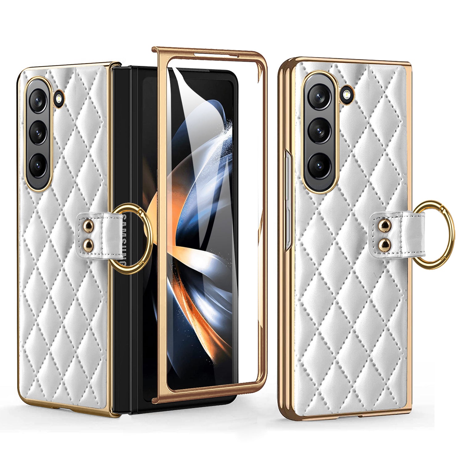 For Samsung Galaxy Z Fold5 5G Ring Kickstand Phone Case Shockproof PU Leather PC Tempered Glass Film Cover