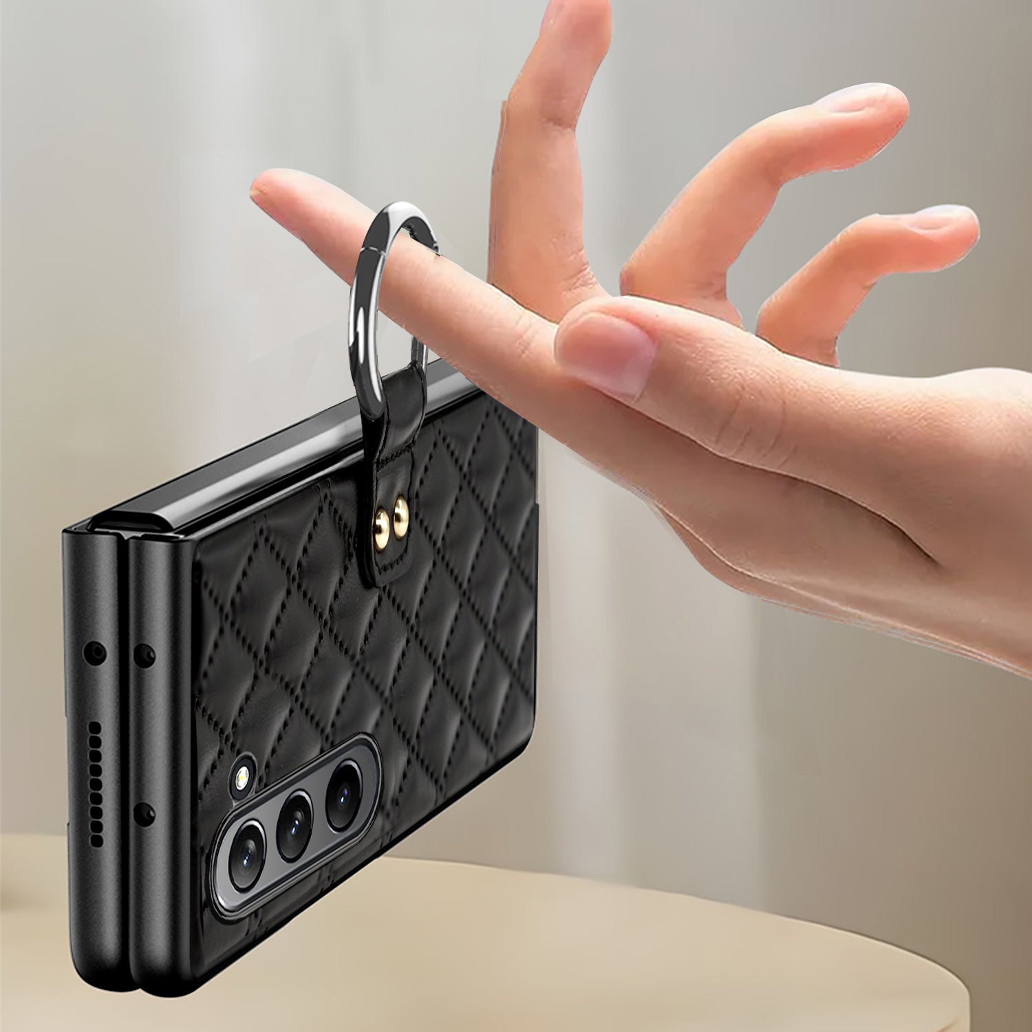 For Samsung Galaxy Z Fold5 5G Ring Kickstand Phone Case Shockproof PU Leather PC Tempered Glass Film Cover