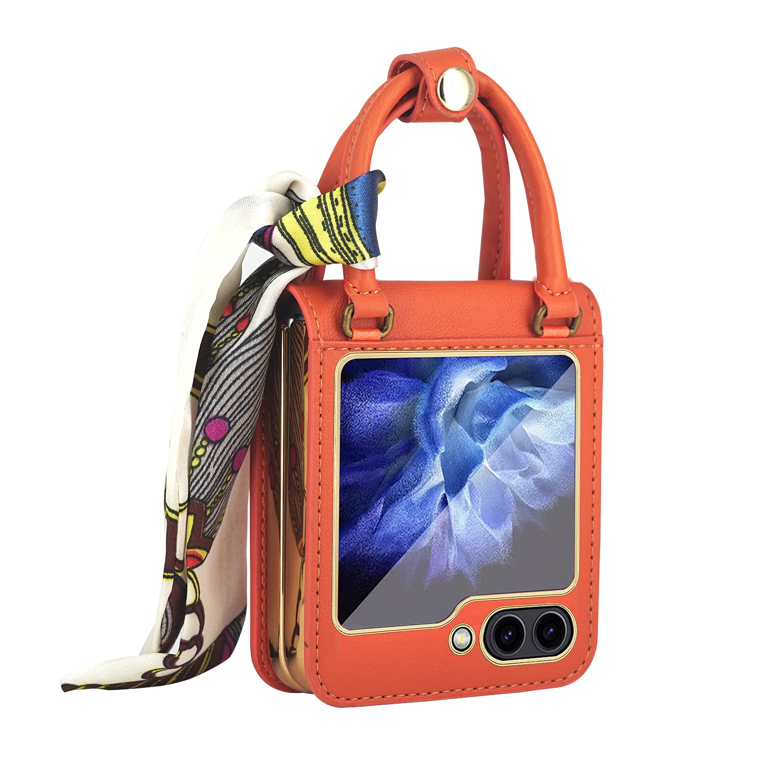 For Samsung Galaxy Z Flip5 5G Ribbon Hand Grip Phone Case PU Leather Coated PC Cover with Tempered Glass Film