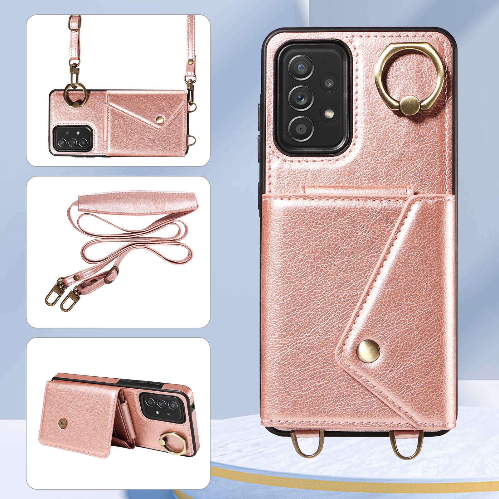 002 For Samsung Galaxy A52 4G A52 5G A52s 5G Card Bag Ring Kickstand Anti-drop Cover Litchi Texture Leather Coated TPU Phone Case with Shoulder Strap