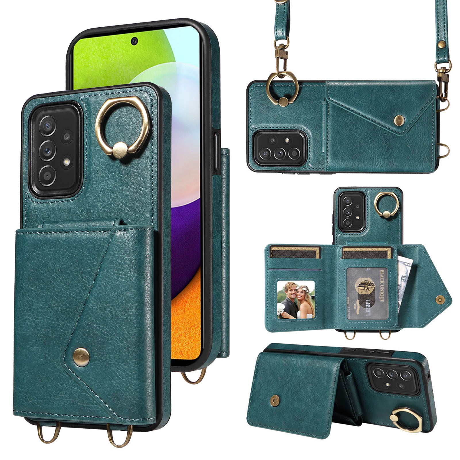 002 For Samsung Galaxy A52 4G A52 5G A52s 5G Card Bag Ring Kickstand Anti-drop Cover Litchi Texture Leather Coated TPU Phone Case with Shoulder Strap