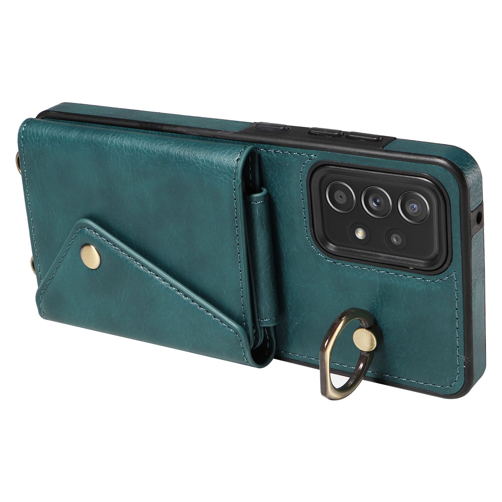 002 For Samsung Galaxy A52 4G A52 5G A52s 5G Card Bag Ring Kickstand Anti-drop Cover Litchi Texture Leather Coated TPU Phone Case with Shoulder Strap
