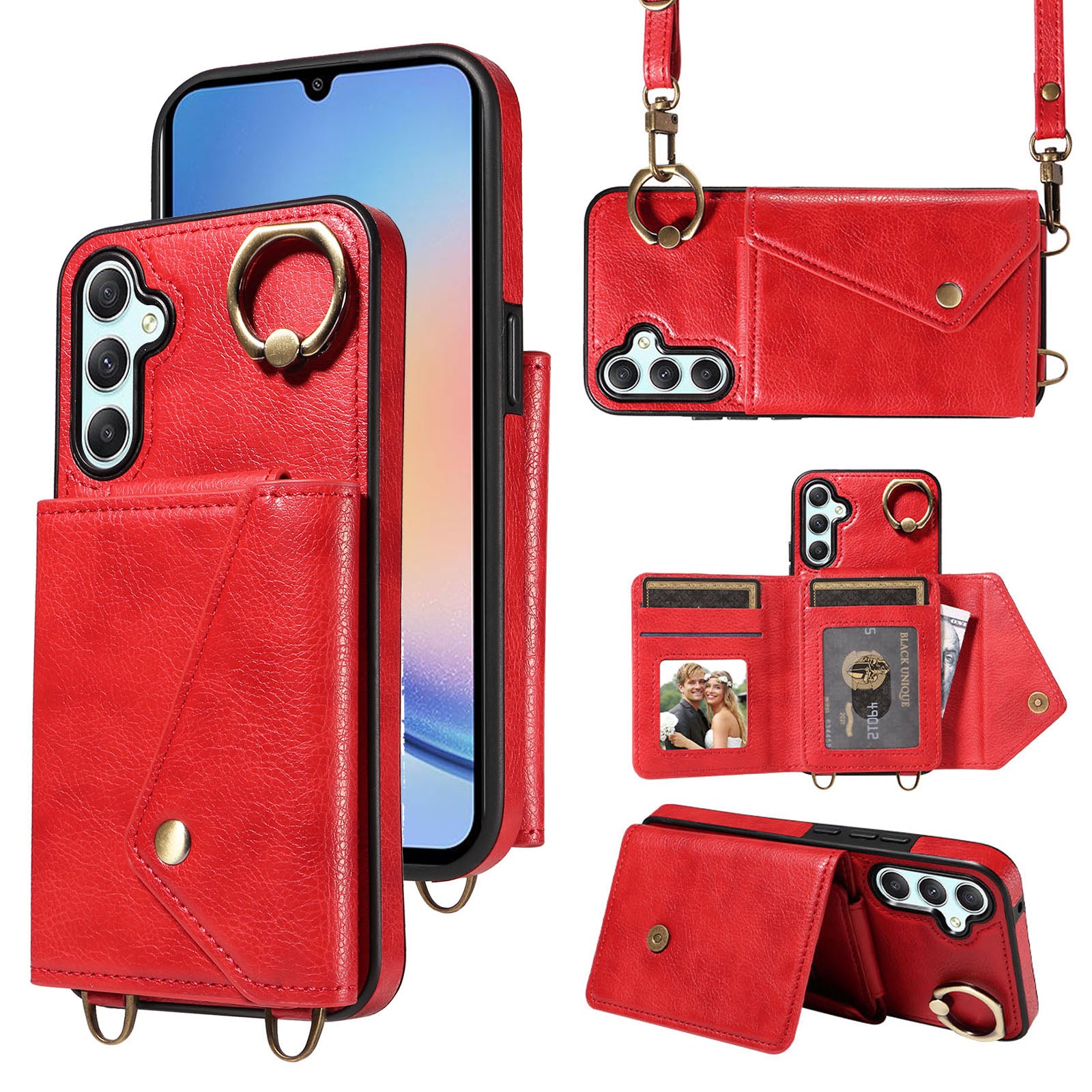 002 Litchi Texture Phone Shell for Samsung Galaxy A34 5G Ring Kickstand Card Bag Leather TPU Case with Shoulder Strap