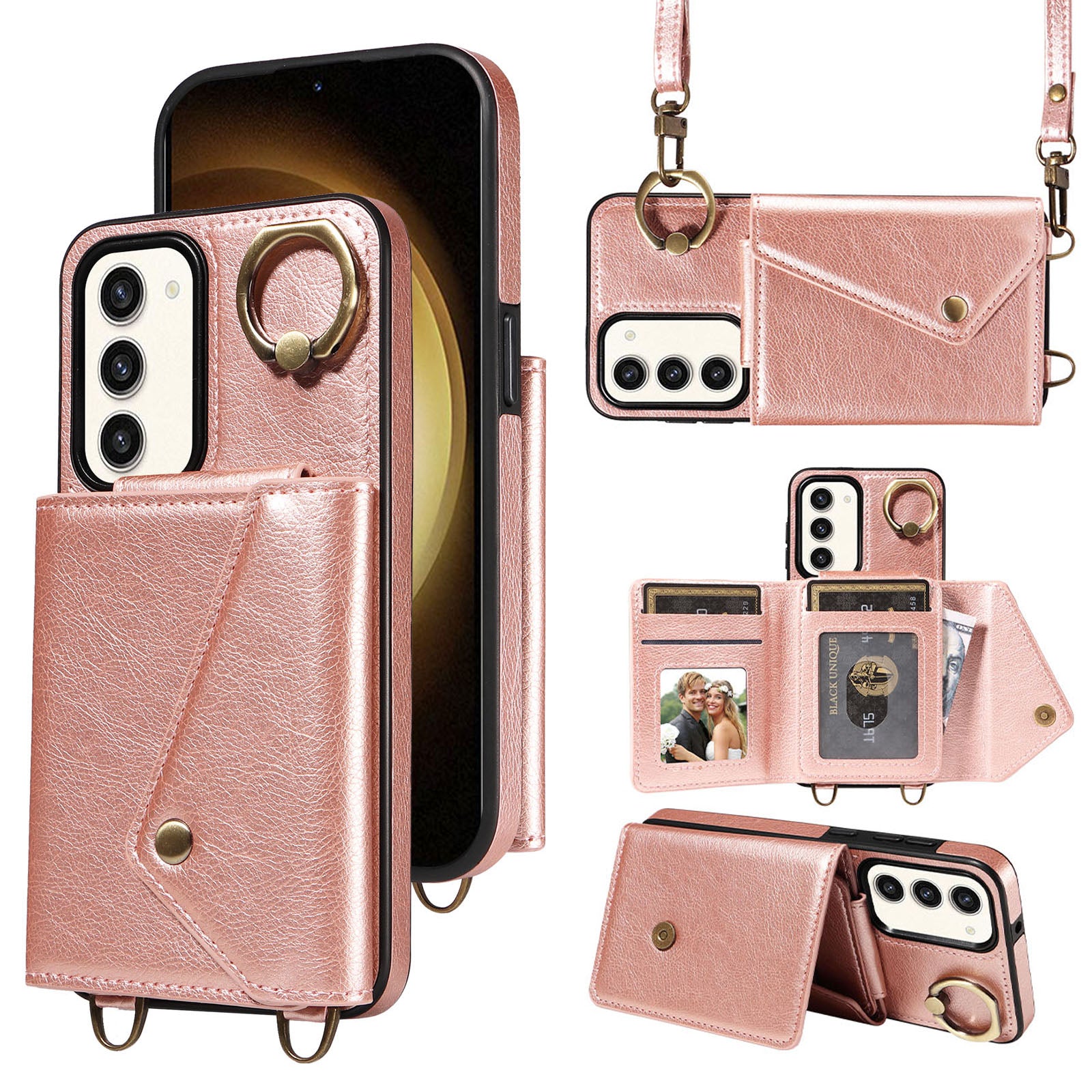 002 For Samsung Galaxy S23 Card Bag Design Ring Kickstand Cellphone Cover Litchi Texture Leather TPU Phone Case with Shoulder Strap