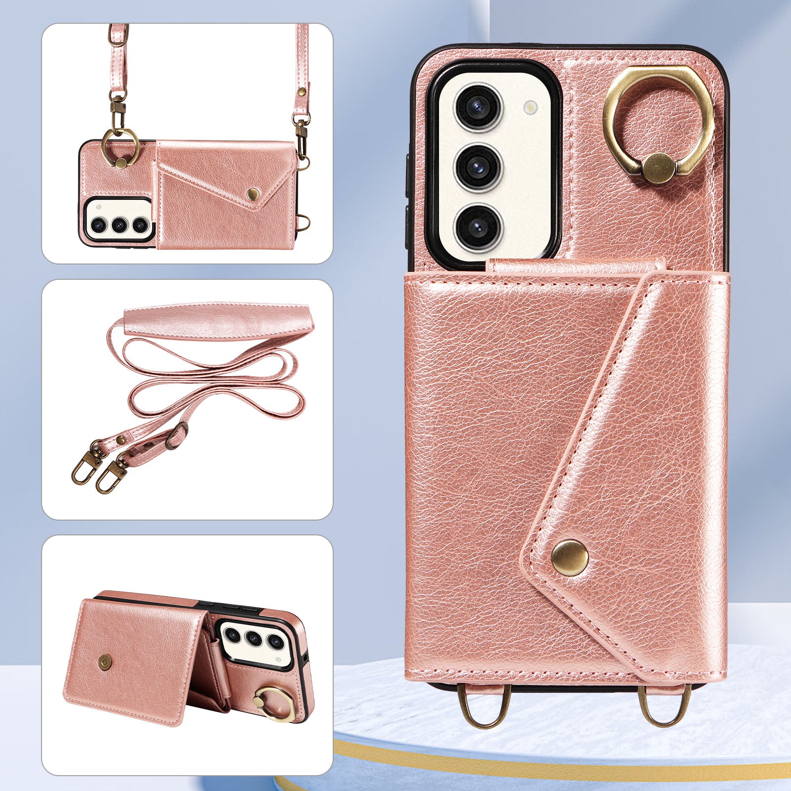 002 For Samsung Galaxy S23 Card Bag Design Ring Kickstand Cellphone Cover Litchi Texture Leather TPU Phone Case with Shoulder Strap