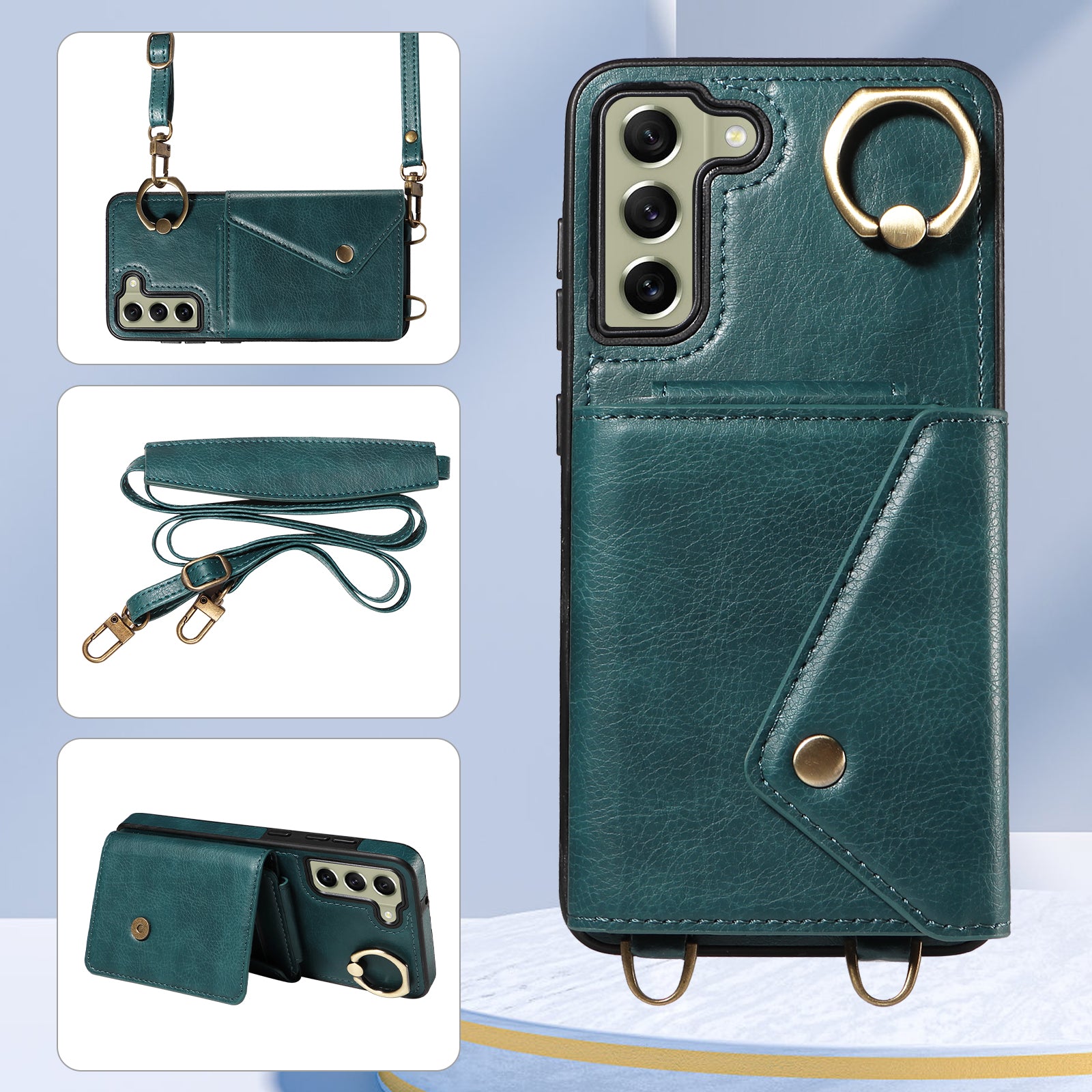 002 For Samsung Galaxy S21 FE 5G Card Bag Ring Kickstand Cover Litchi Texture Leather Coated TPU Anti-fall Phone Case with Shoulder Strap