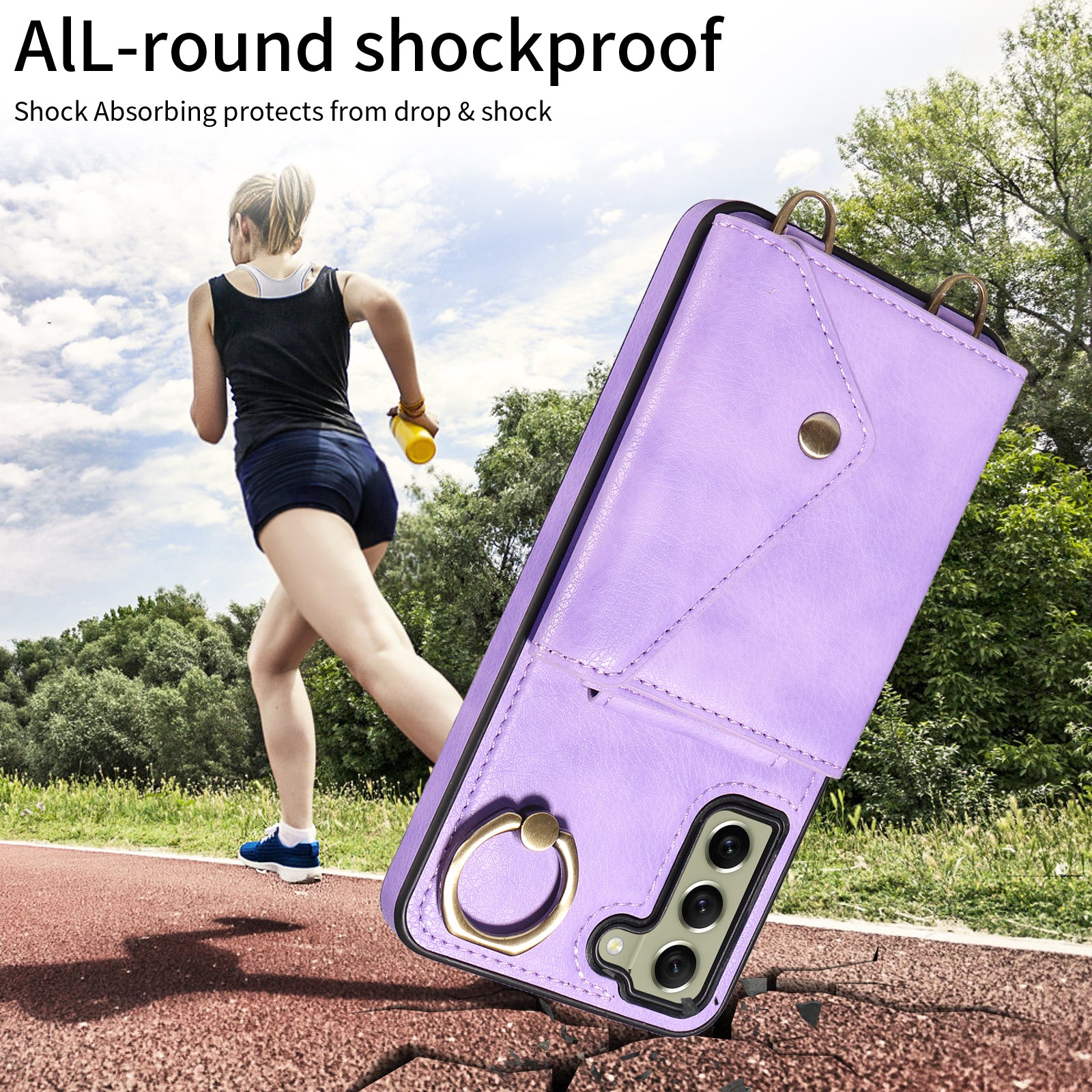 002 For Samsung Galaxy S21 FE 5G Card Bag Ring Kickstand Cover Litchi Texture Leather Coated TPU Anti-fall Phone Case with Shoulder Strap