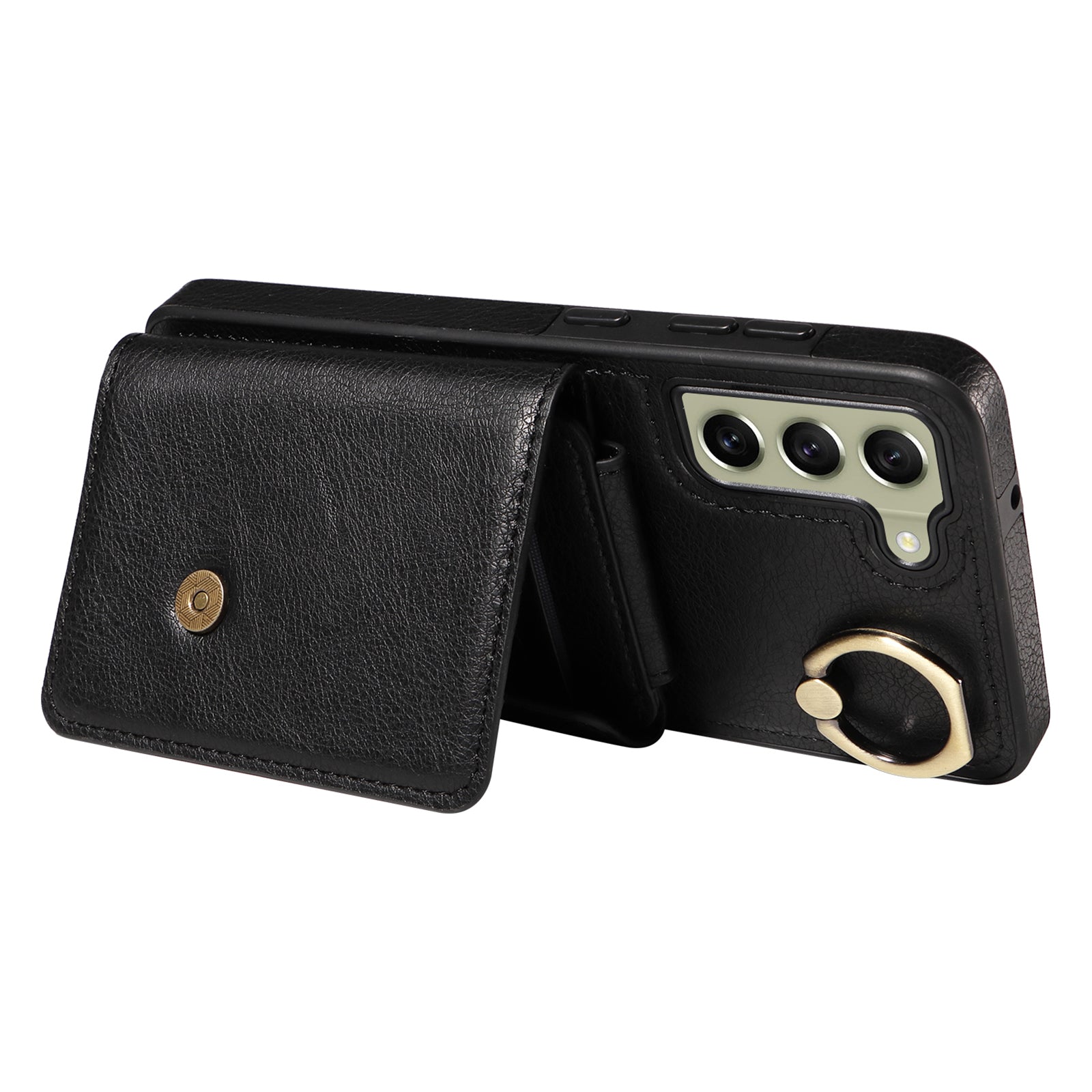 002 For Samsung Galaxy S21 FE 5G Card Bag Ring Kickstand Cover Litchi Texture Leather Coated TPU Anti-fall Phone Case with Shoulder Strap