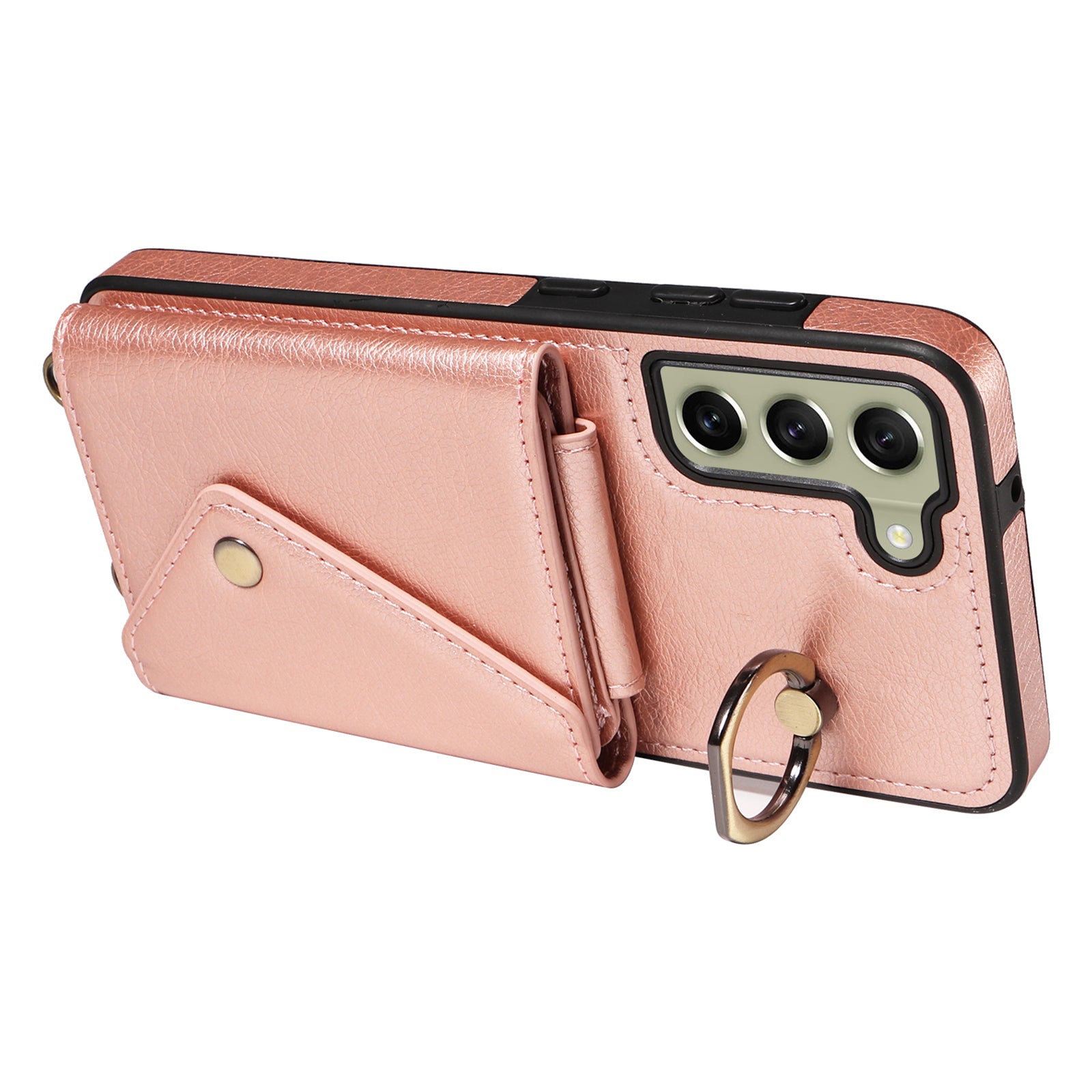 002 For Samsung Galaxy S21 FE 5G Card Bag Ring Kickstand Cover Litchi Texture Leather Coated TPU Anti-fall Phone Case with Shoulder Strap