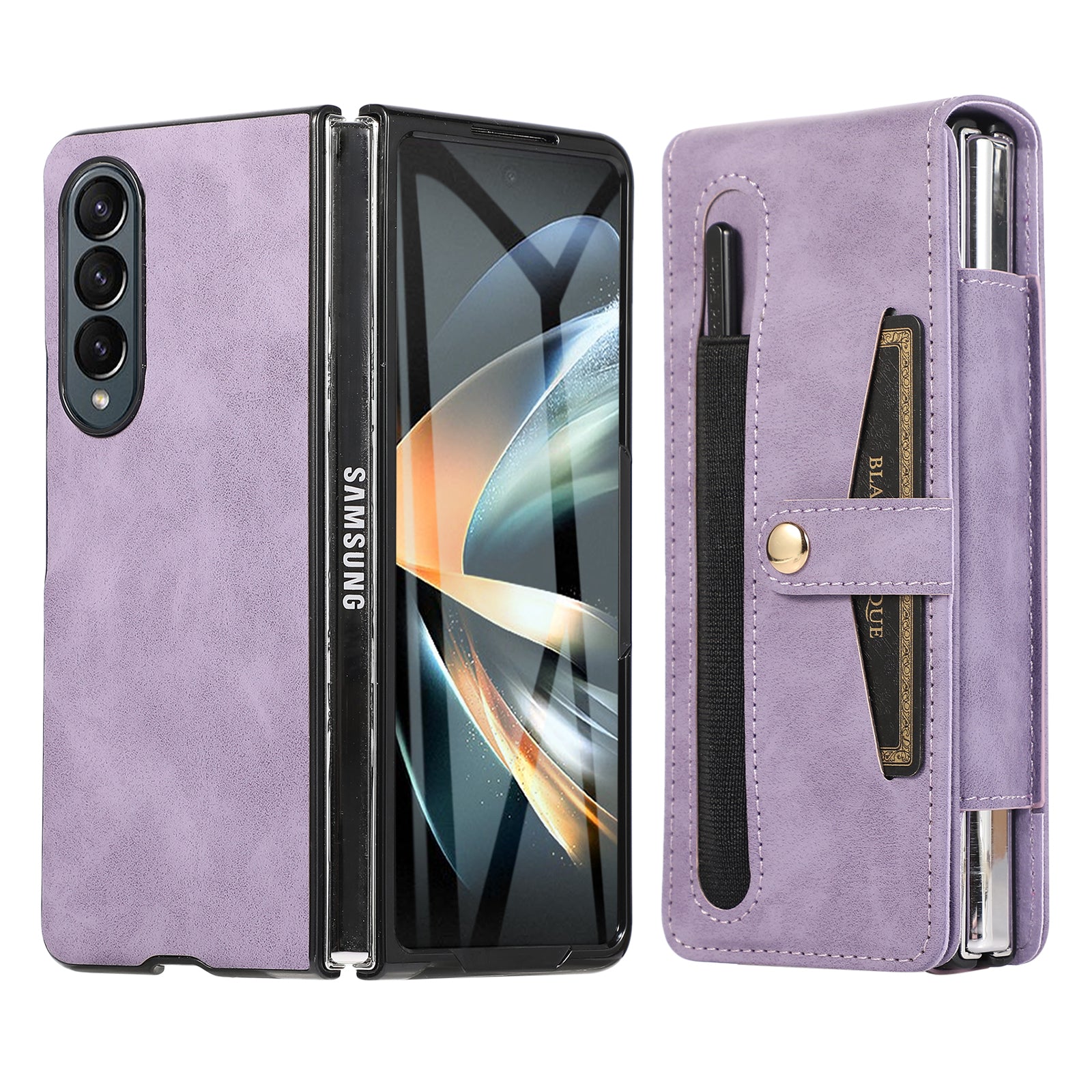 For Samsung Galaxy Z Fold4 5G PC PU Leather Phone Case Card Holder Cover with Tempered Glass Film Stylus