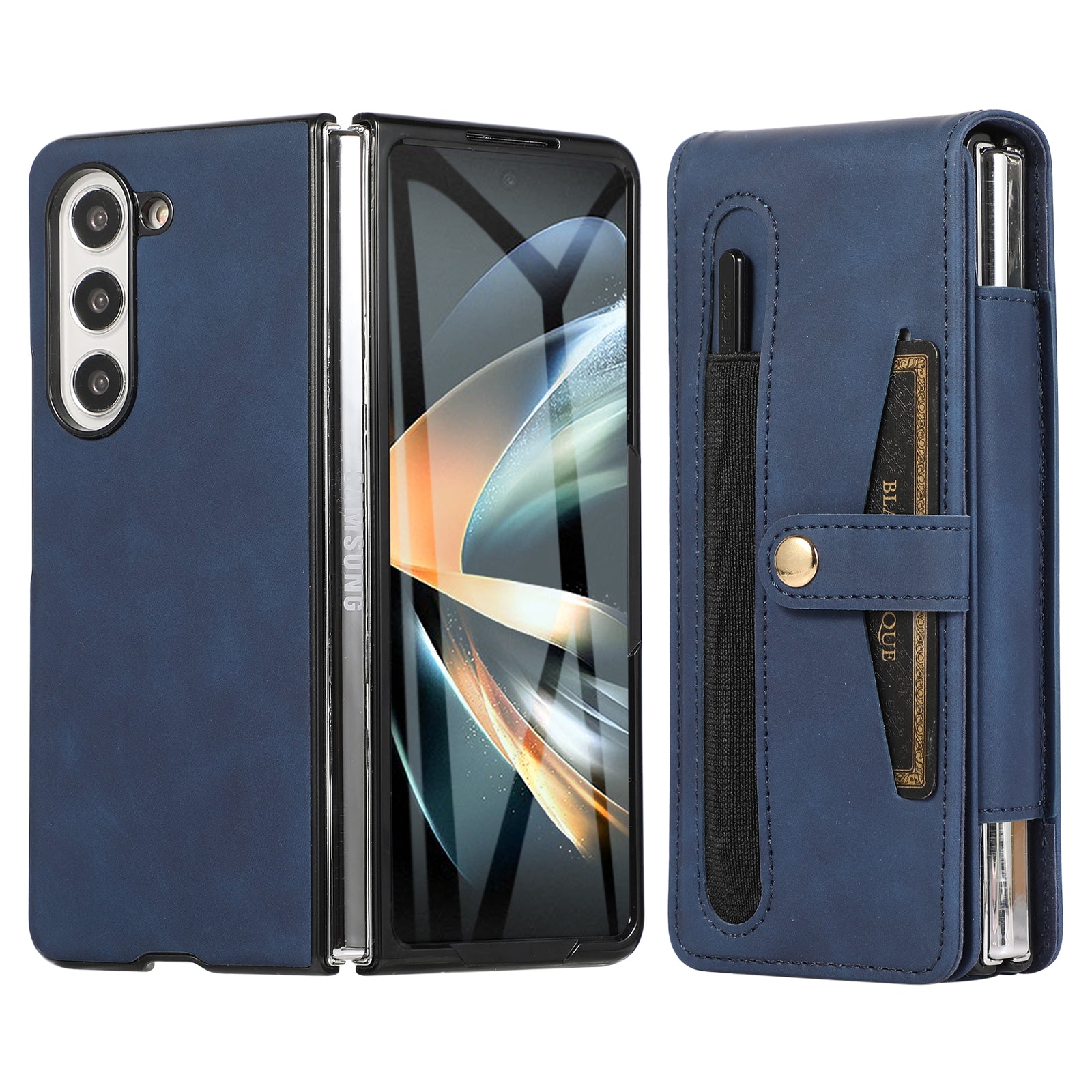 For Samsung Galaxy Z Fold5 5G Card Slot Design PC PU Leather Phone Case with Glass Film Stylus