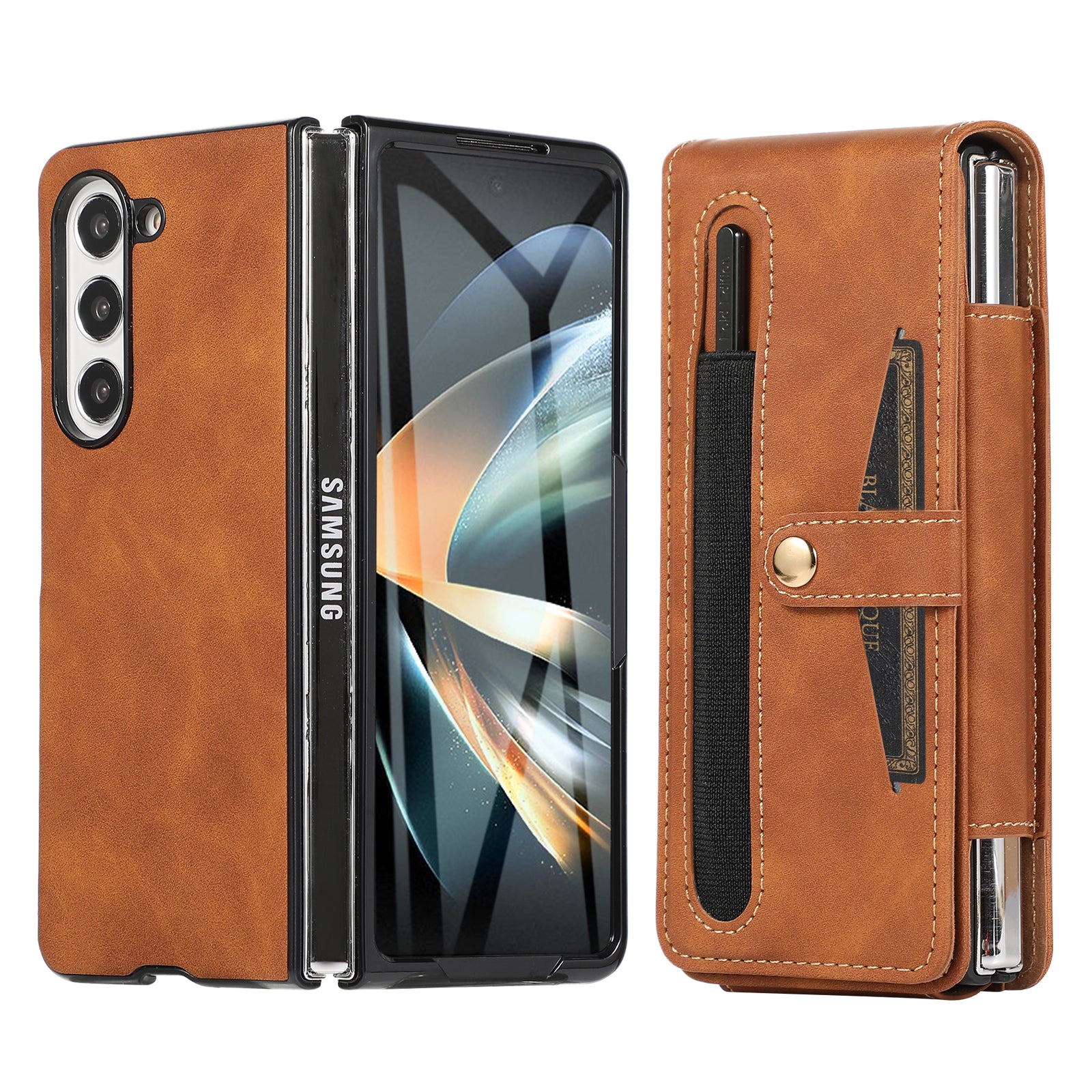 For Samsung Galaxy Z Fold5 5G Card Slot Design PC PU Leather Phone Case with Glass Film Stylus