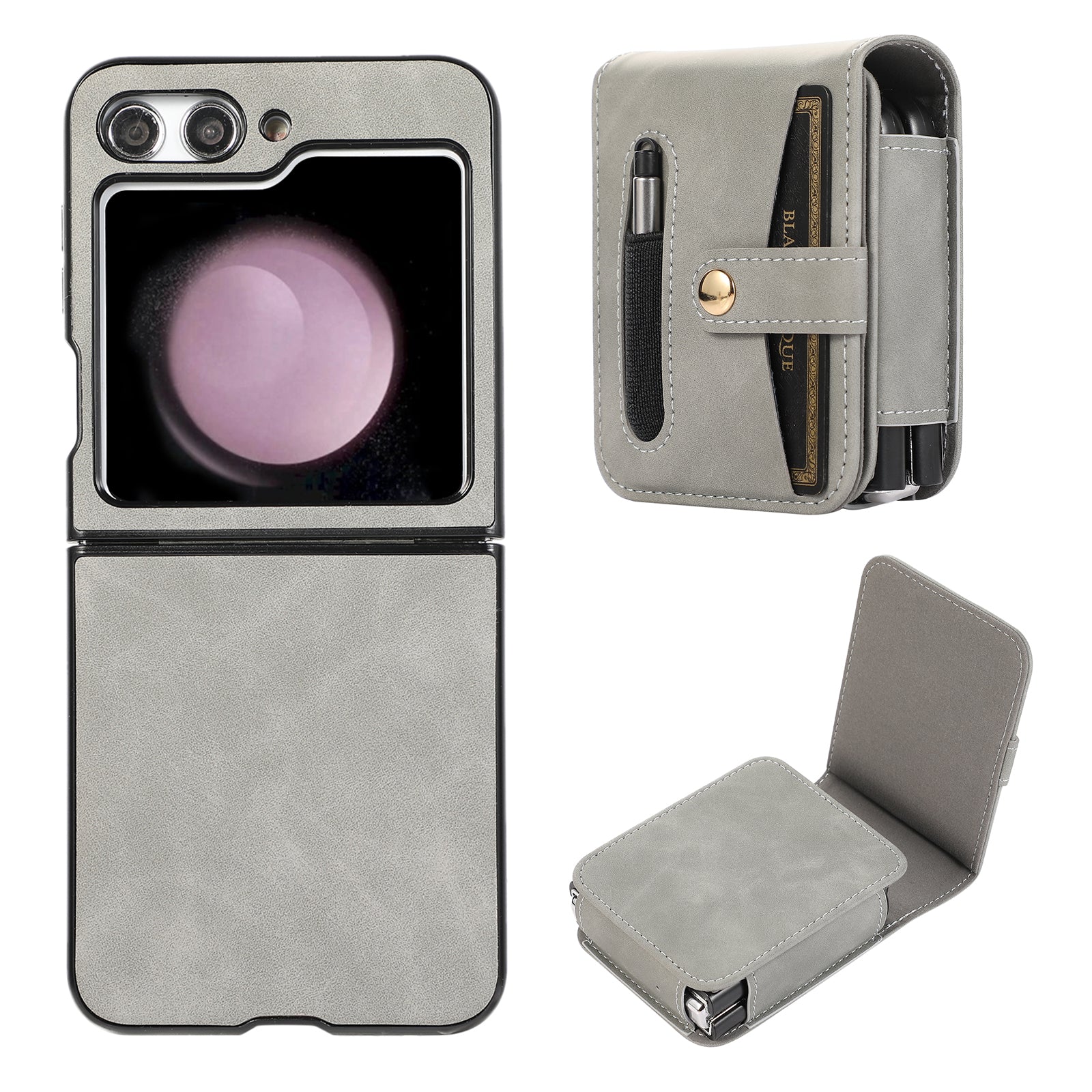 PC PU Leather Phone Case For Samsung Galaxy Z Flip5 5G Folding Phone Cover Card Holder with Stylus