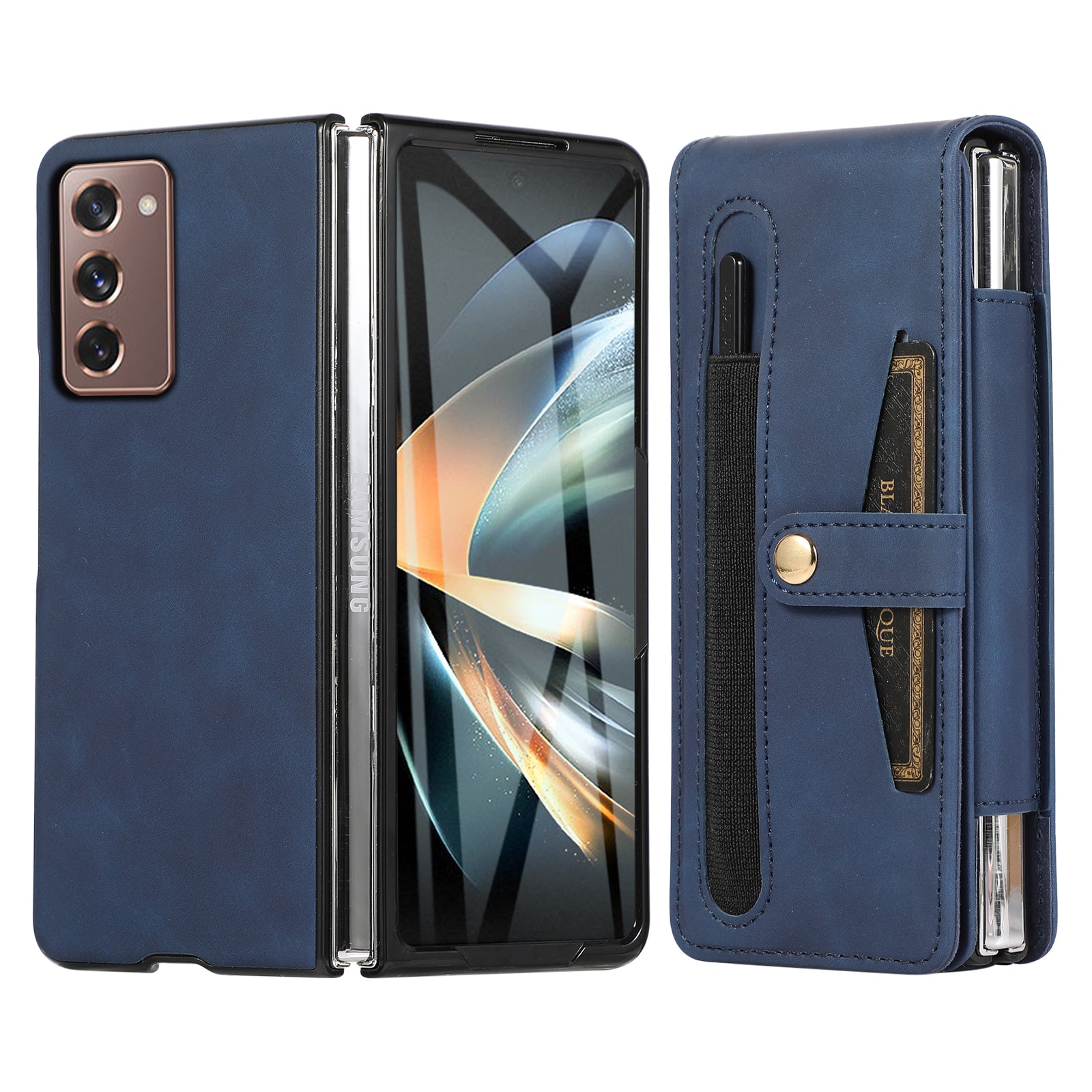 For Samsung Galaxy Z Fold2 5G Full Protection PC PU Leather Phone Case Card Slot Glass Film Cover Shell with Stylus