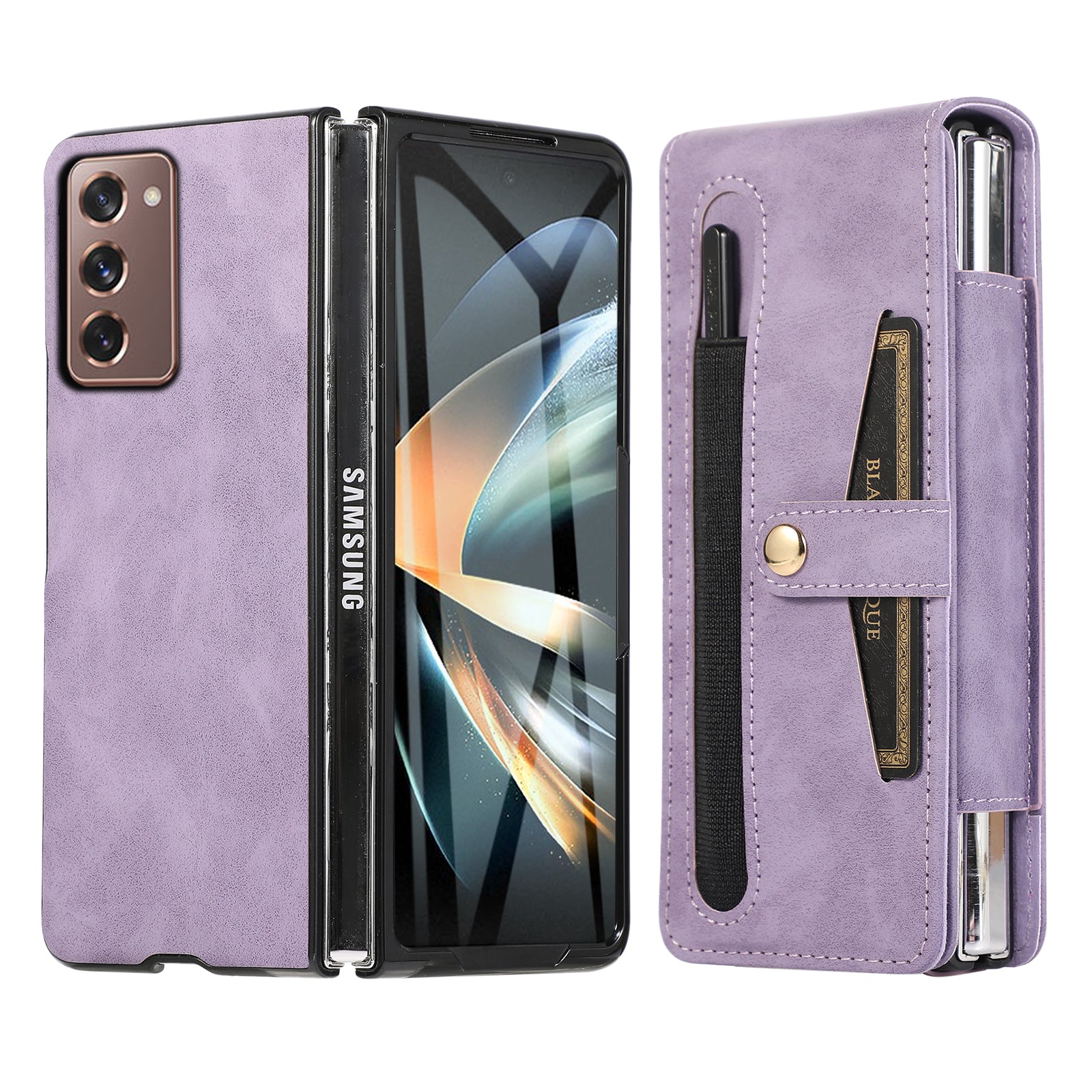 For Samsung Galaxy Z Fold2 5G Full Protection PC PU Leather Phone Case Card Slot Glass Film Cover Shell with Stylus