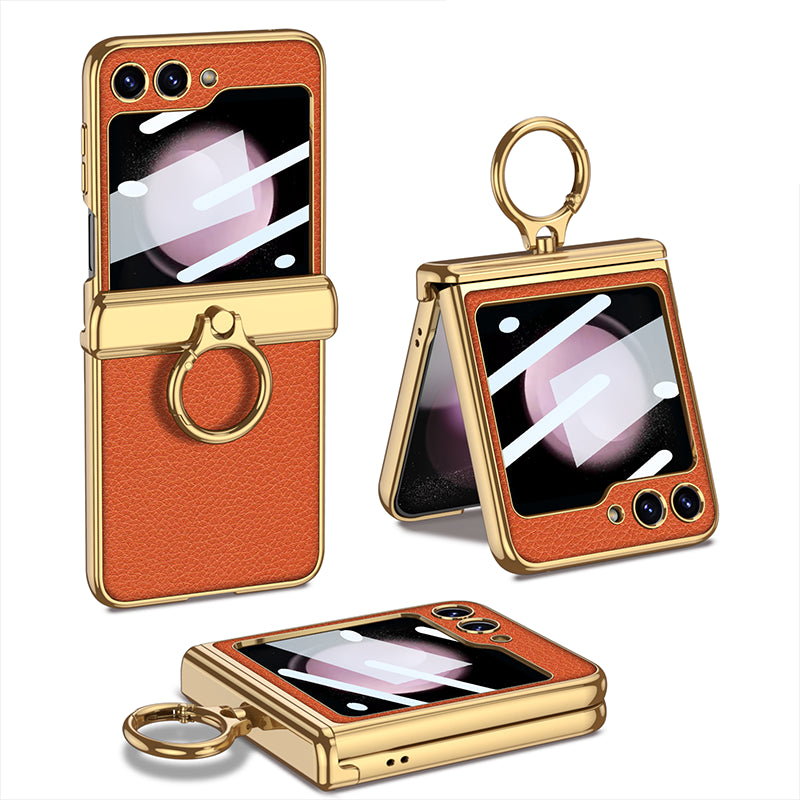 GKK For Samsung Galaxy Z Flip5 5G Case Leather PC Magnetic Hinge Phone Cover with Small Screen Film