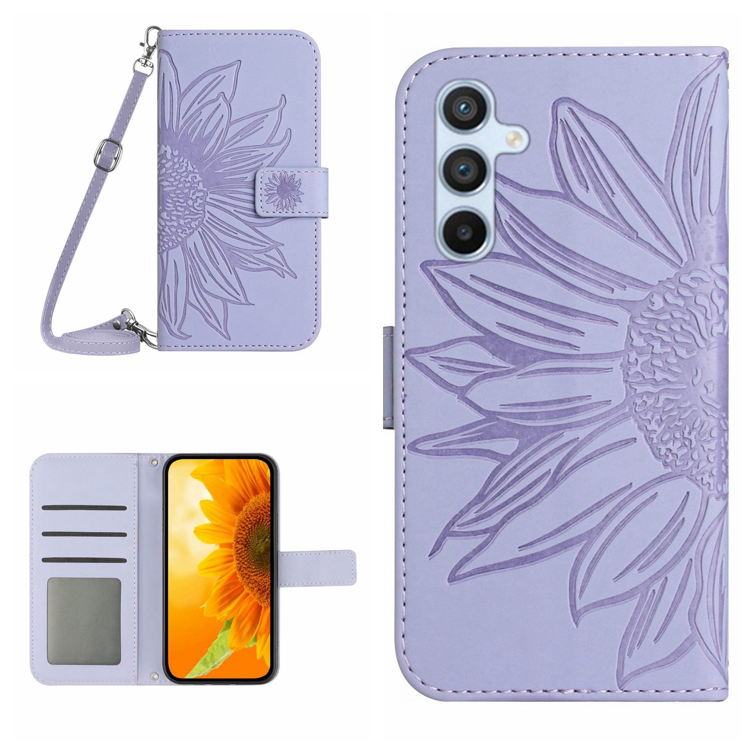 HT04 Leather Wallet Case for Samsung Galaxy A05s 4G Cover Sunflower Imprint Phone Shell with Shoulder Strap