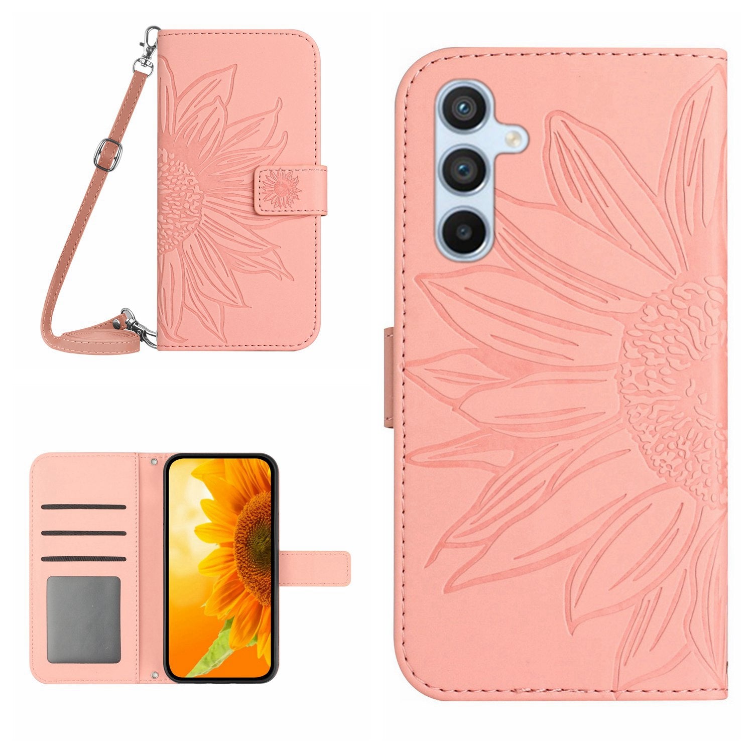 HT04 Leather Wallet Case for Samsung Galaxy A05s 4G Cover Sunflower Imprint Phone Shell with Shoulder Strap