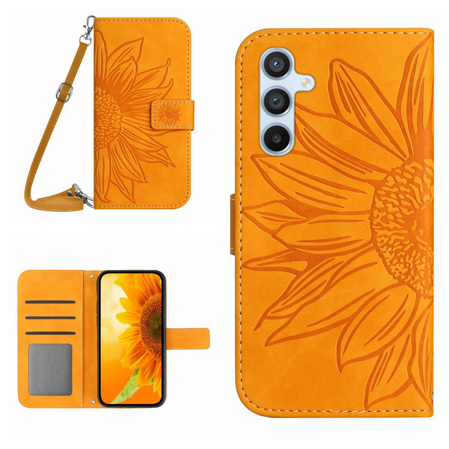 HT04 Leather Wallet Case for Samsung Galaxy A05s 4G Cover Sunflower Imprint Phone Shell with Shoulder Strap