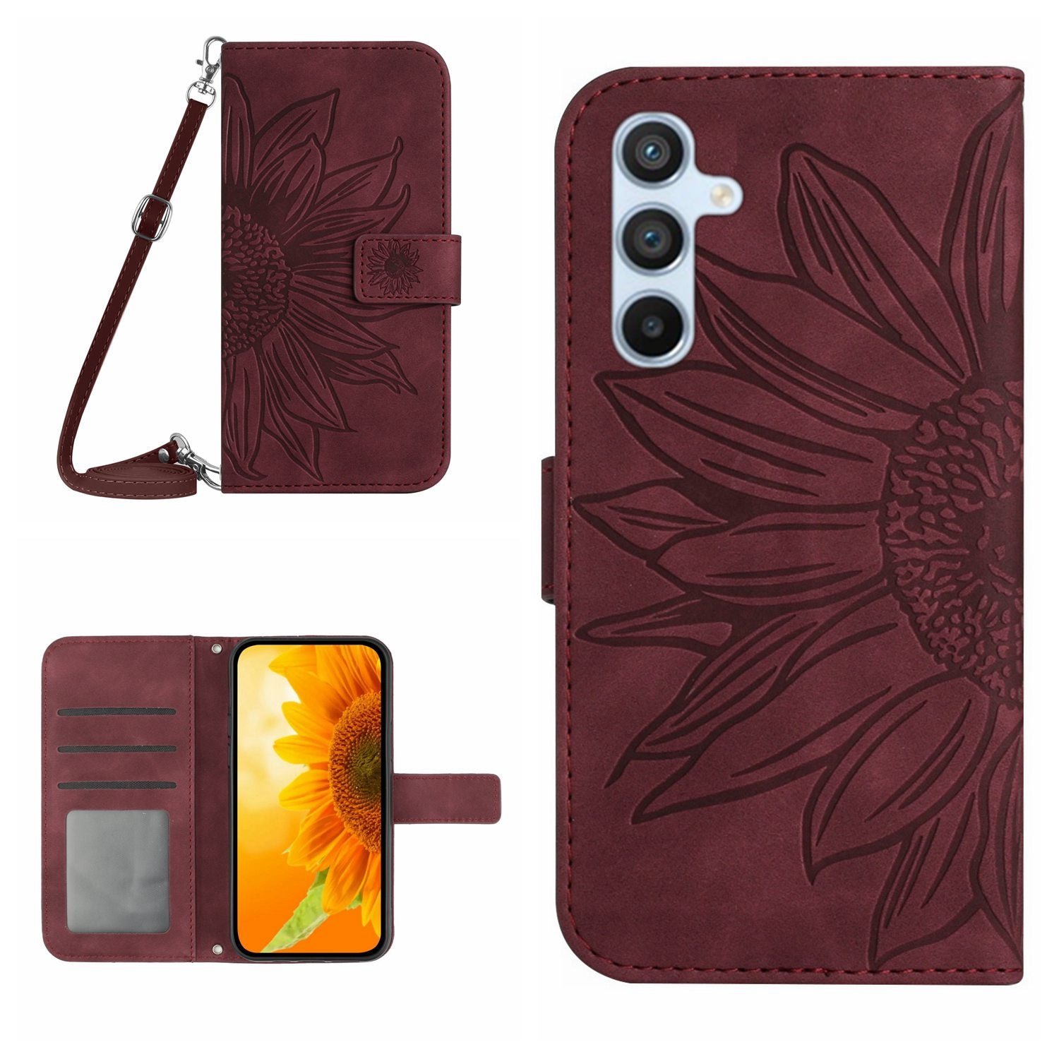 HT04 Leather Wallet Case for Samsung Galaxy A05s 4G Cover Sunflower Imprint Phone Shell with Shoulder Strap