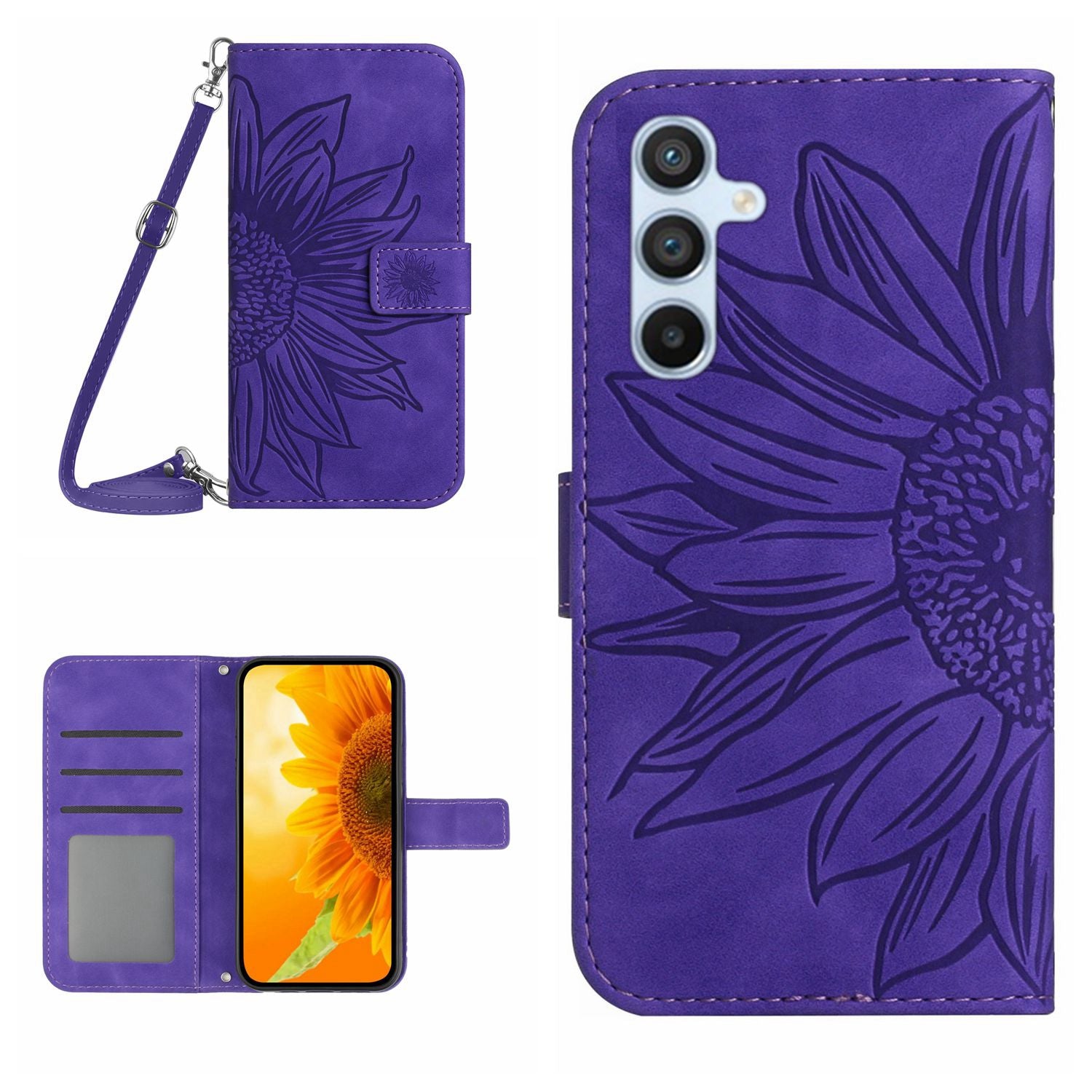 HT04 Leather Wallet Case for Samsung Galaxy A05s 4G Cover Sunflower Imprint Phone Shell with Shoulder Strap