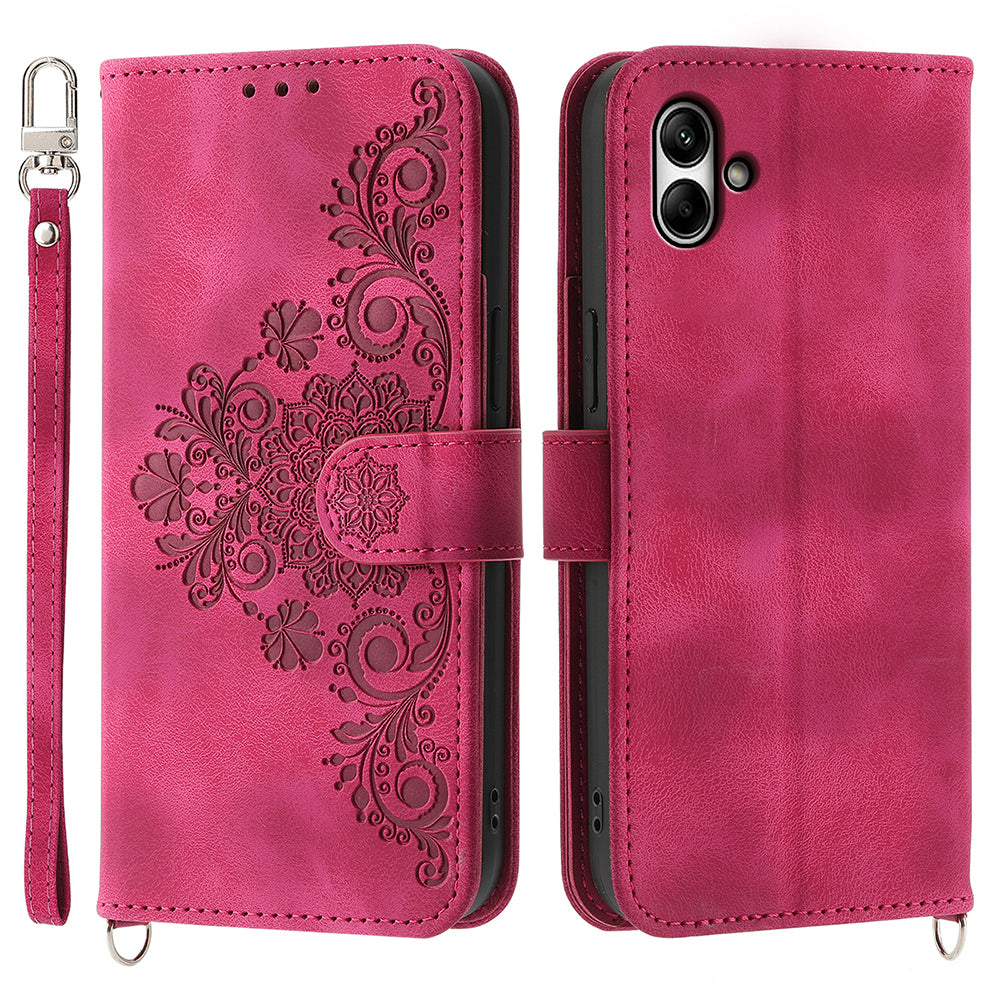 For Samsung Galaxy A05 4G Case PU Leather Flower Imprinted Phone Cover with 2 Straps