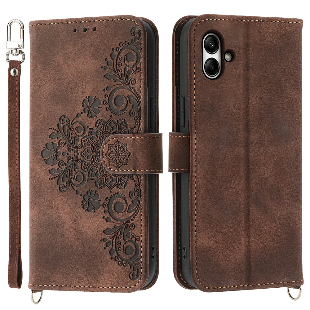 For Samsung Galaxy A05 4G Case PU Leather Flower Imprinted Phone Cover with 2 Straps
