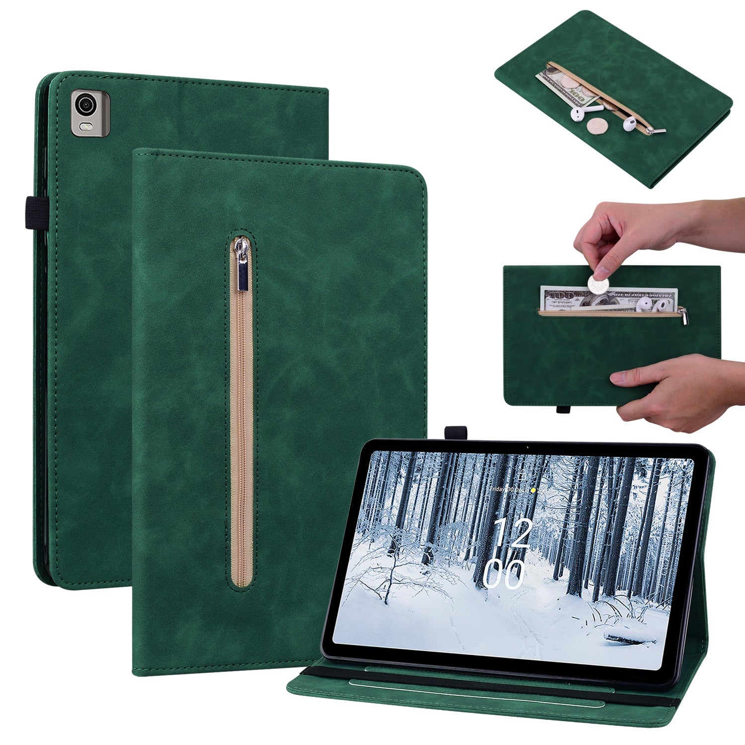 For Nokia T21 Zipper Pocket PU Leather Case Elastic Band Closure Stand Card Holder Tablet Cover