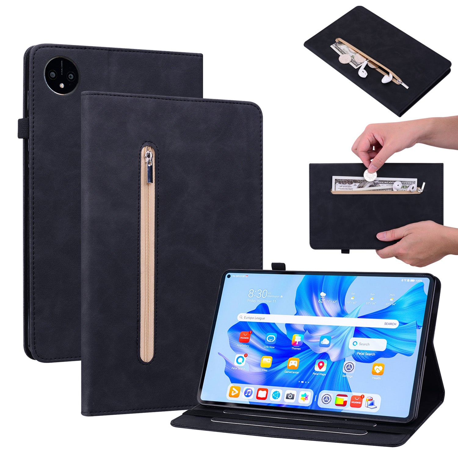 For Huawei MatePad Pro 11 (2022) PU Leather Case Elastic Band Closure Stand Card Holder Tablet Cover with Zipper Pocket