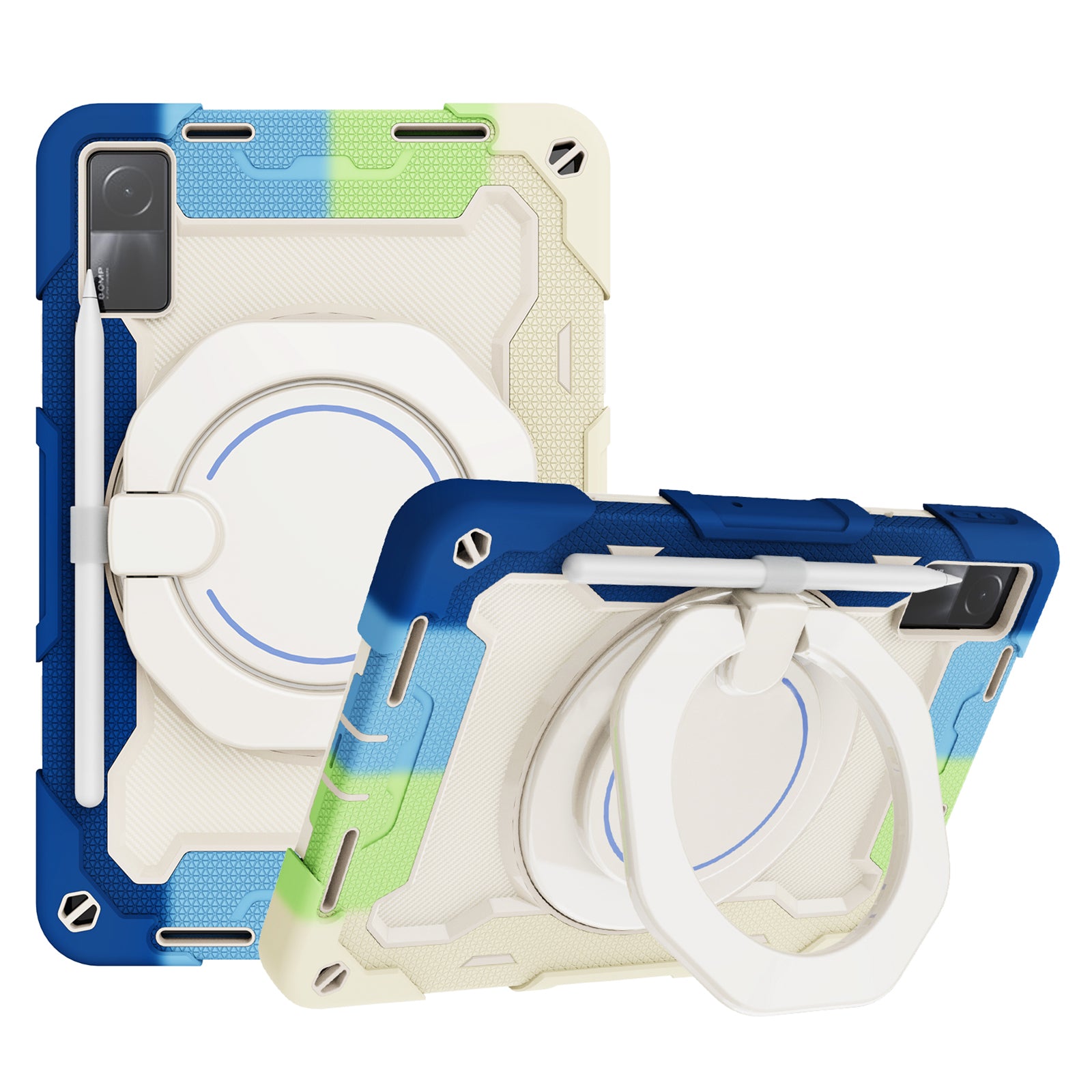 For Xiaomi Redmi Pad 10.6-inch Shock-absorbing Silicone PC Protective Case Rotating Handle-Kickstand Tablet Cover with Pencil Holder and Shoulder Strap