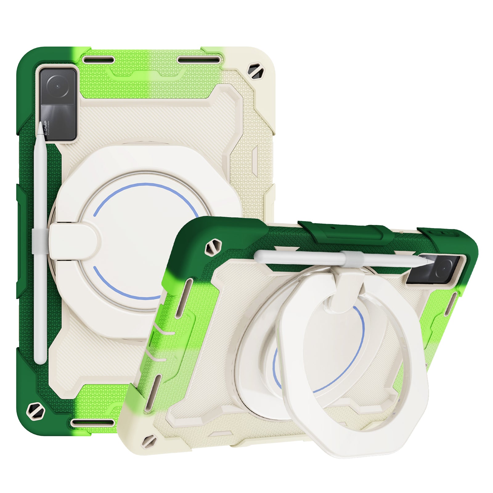 For Xiaomi Redmi Pad 10.6-inch Shock-absorbing Silicone PC Protective Case Rotating Handle-Kickstand Tablet Cover with Pencil Holder and Shoulder Strap