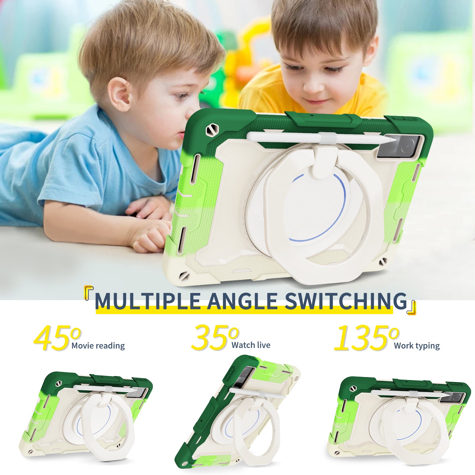 For Xiaomi Redmi Pad 10.6-inch Shock-absorbing Silicone PC Protective Case Rotating Handle-Kickstand Tablet Cover with Pencil Holder and Shoulder Strap