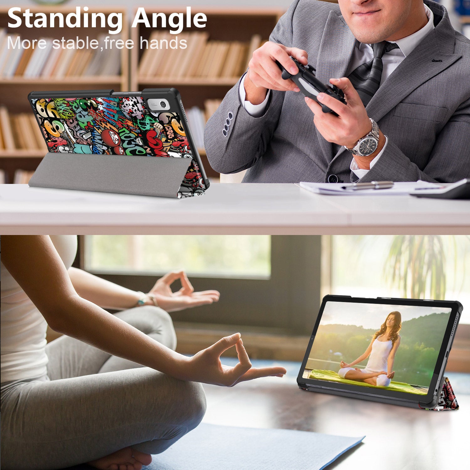 Tablet Leather Case for Lenovo Tab M9 TB-310FU Tri-fold Stand Pattern Printing Tablet Cover with Auto Wake Sleep