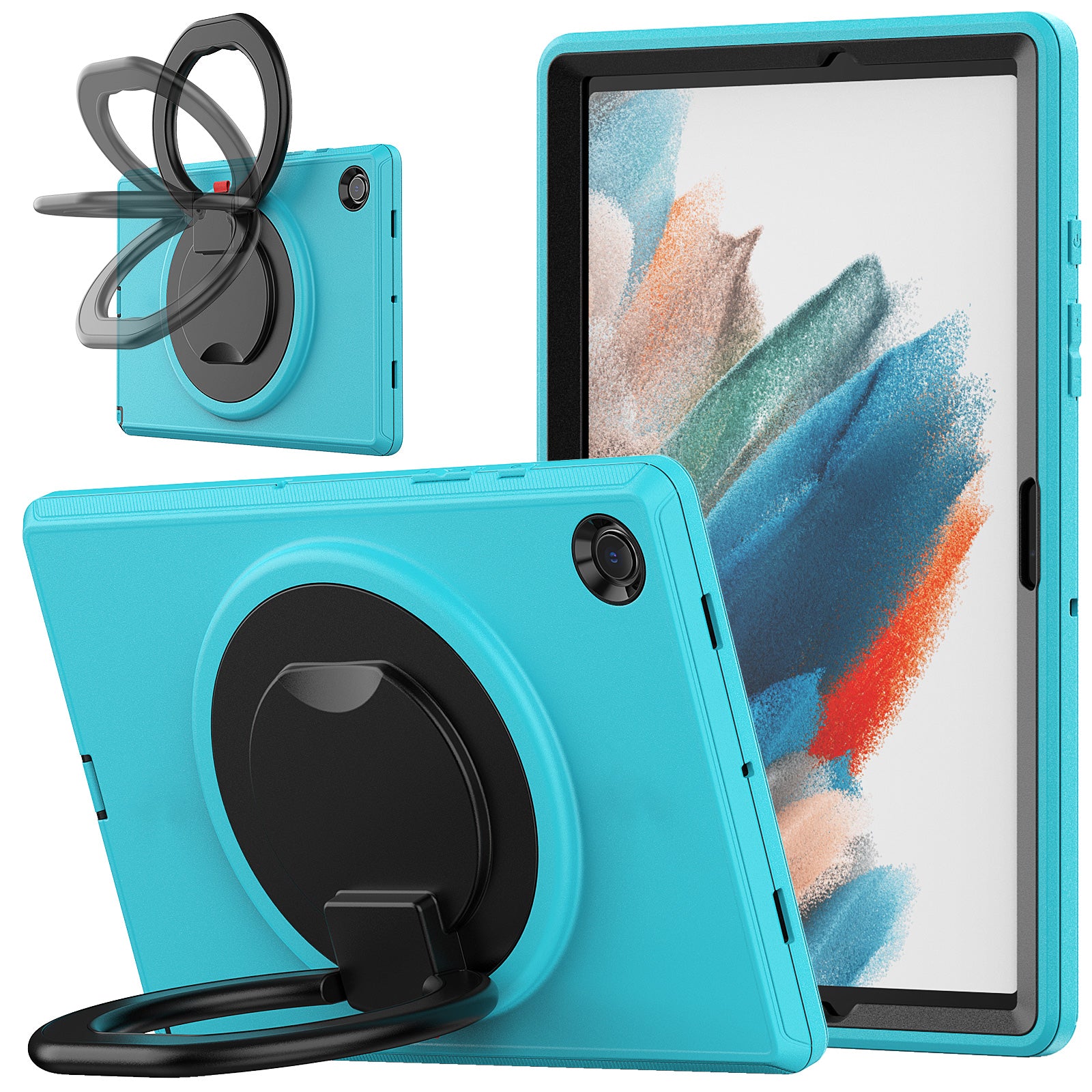 For Samsung Galaxy Tab A8 10.5 (2021) (2022) X200 X205 Handle Kickstand PC TPU Shockproof Tablet Case -Black Baby Blue