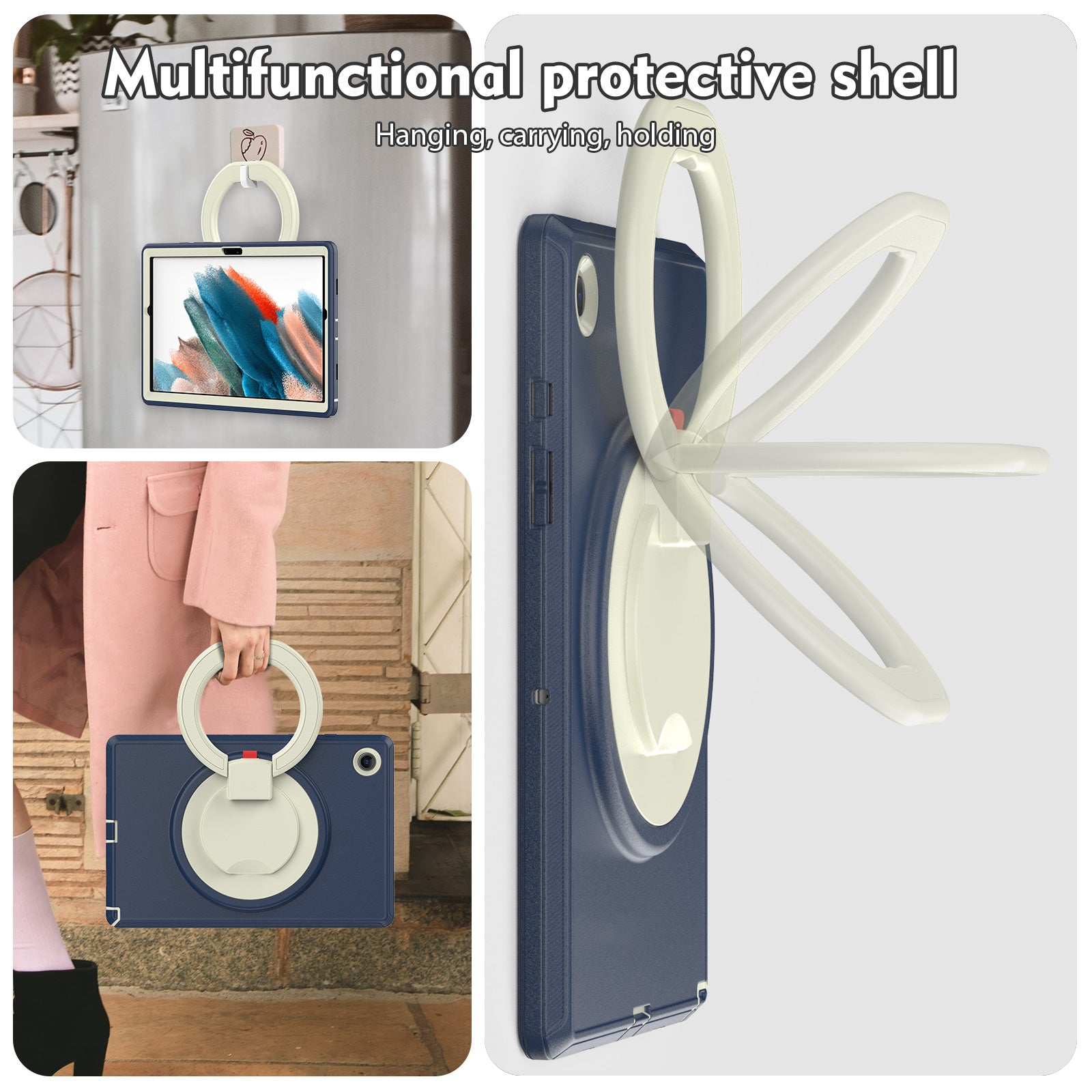 For Samsung Galaxy Tab A8 10.5 (2021) (2022) X200 X205 Handle Kickstand PC TPU Shockproof Tablet Case -Black Baby Blue