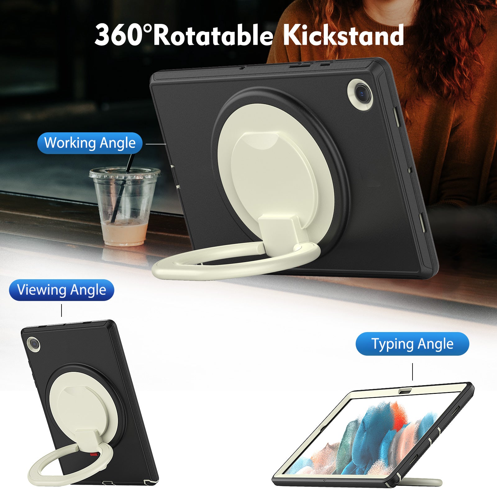 For Samsung Galaxy Tab A8 10.5 (2021) (2022) X200 X205 Handle Kickstand PC TPU Shockproof Tablet Case -Black Baby Blue