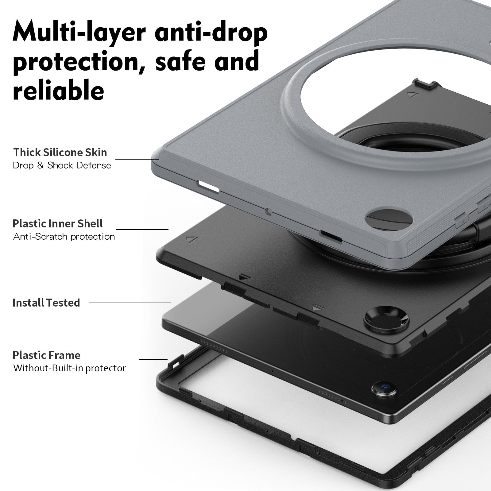 For Samsung Galaxy Tab A8 10.5 (2021) (2022) X200 X205 Handle Kickstand PC TPU Shockproof Tablet Case -Black Baby Blue