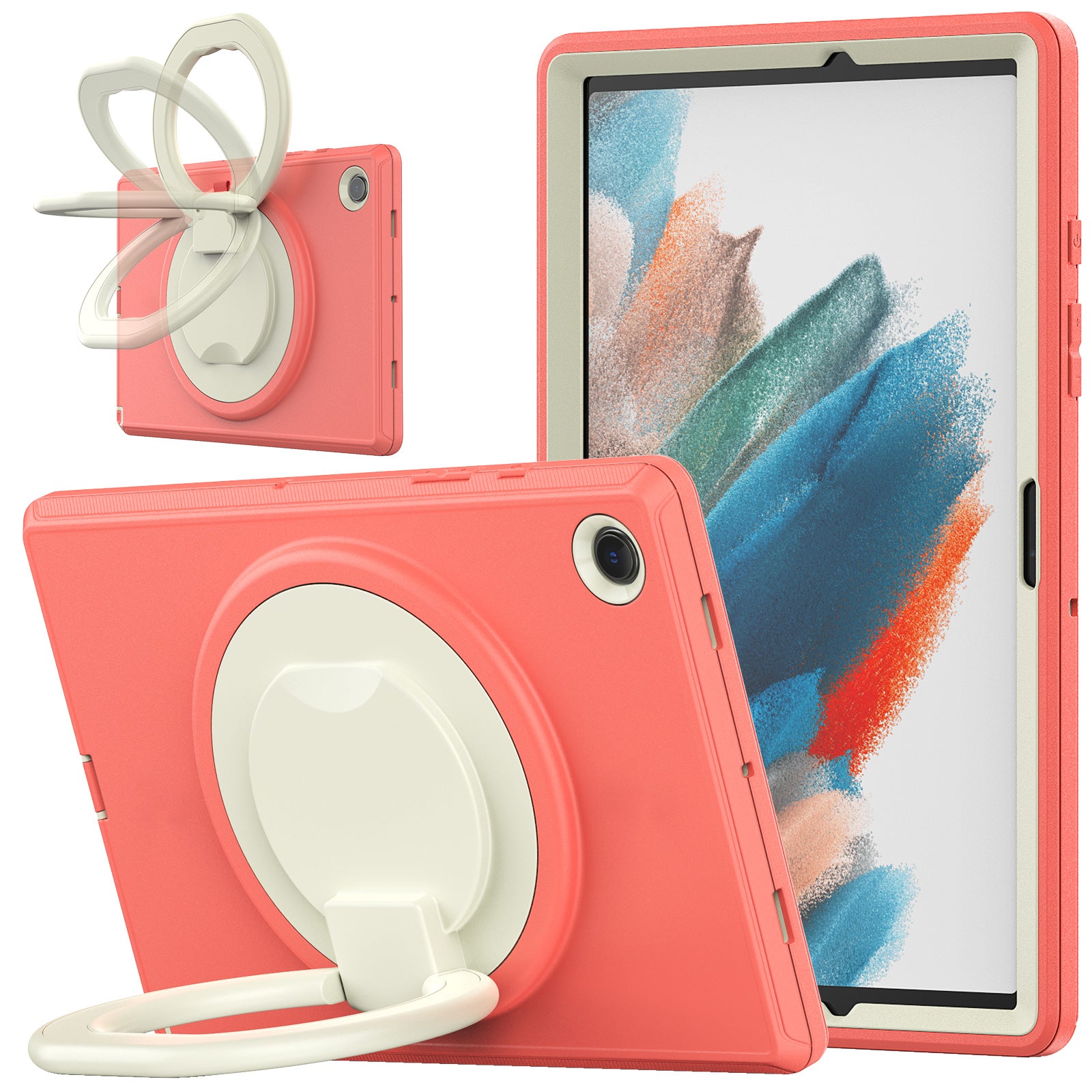 For Samsung Galaxy Tab A8 10.5 (2021) / (2022) X200 X205 Handle Kickstand PC TPU Shockproof Tablet Case -Beige / Watermelon Red