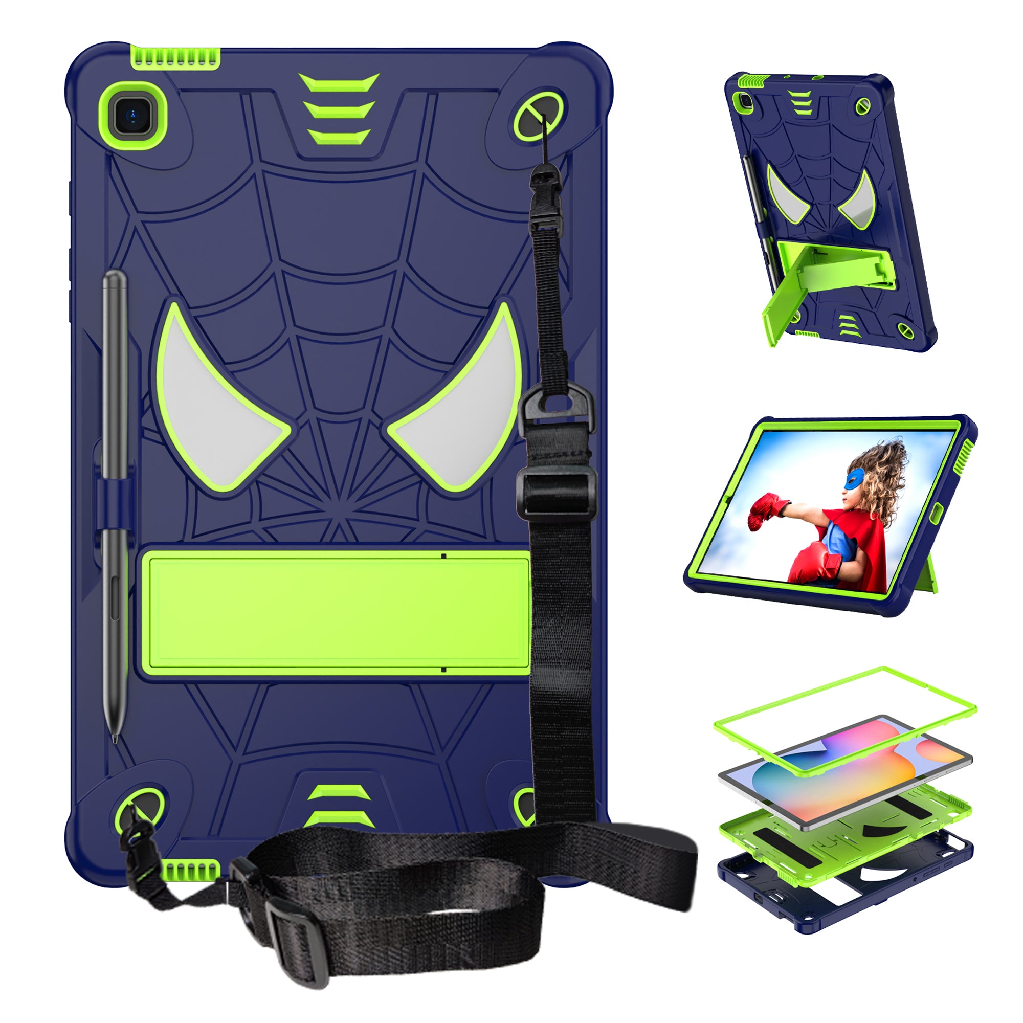 For Samsung Galaxy Tab S6 Lite / S6 Lite (2022) P610 / P613 / P615 / P617 / P619 Spider Web Texture Kickstand Case PC Silicone Tablet Cover
