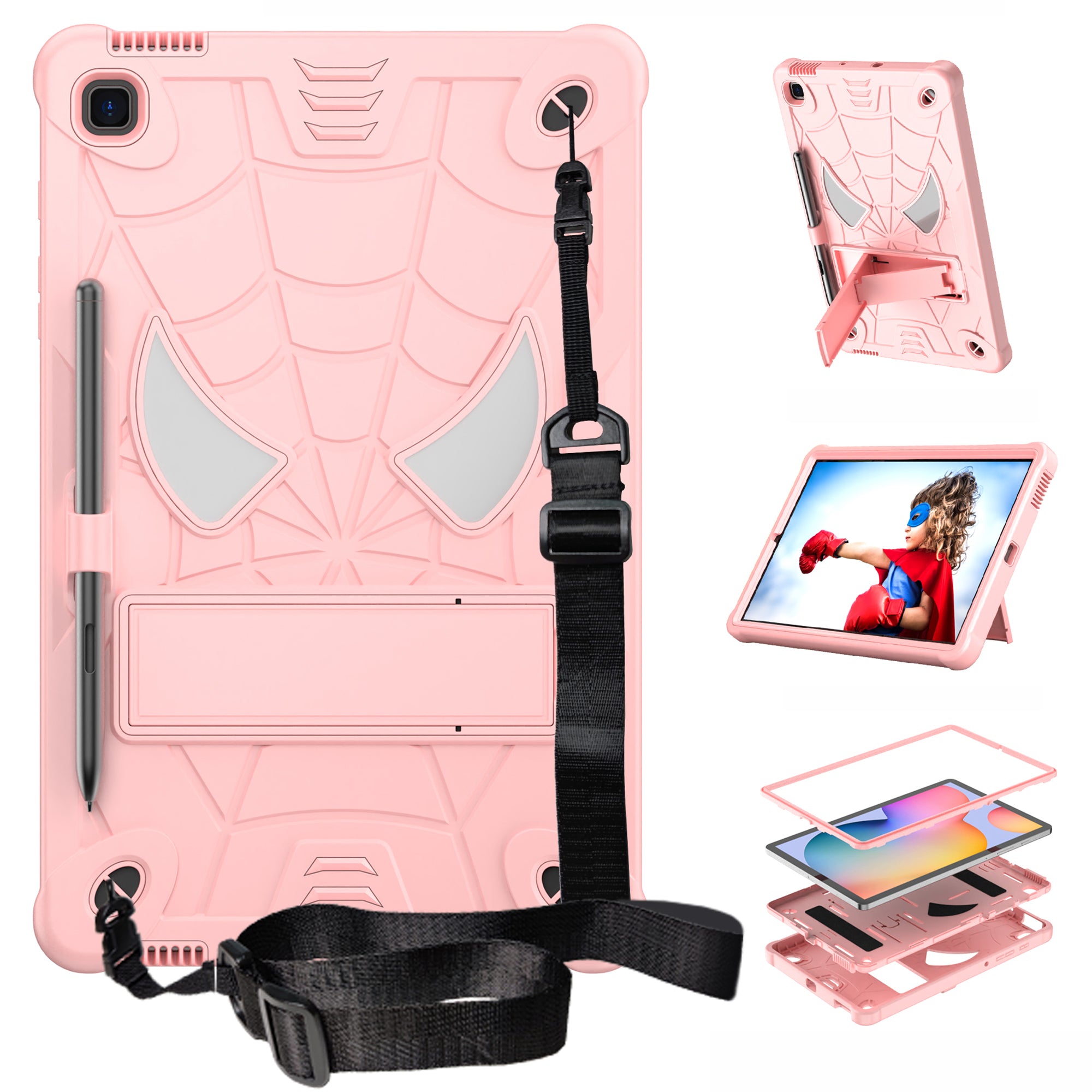 For Samsung Galaxy Tab S6 Lite / S6 Lite (2022) P610 / P613 / P615 / P617 / P619 Spider Web Texture Kickstand Case PC Silicone Tablet Cover
