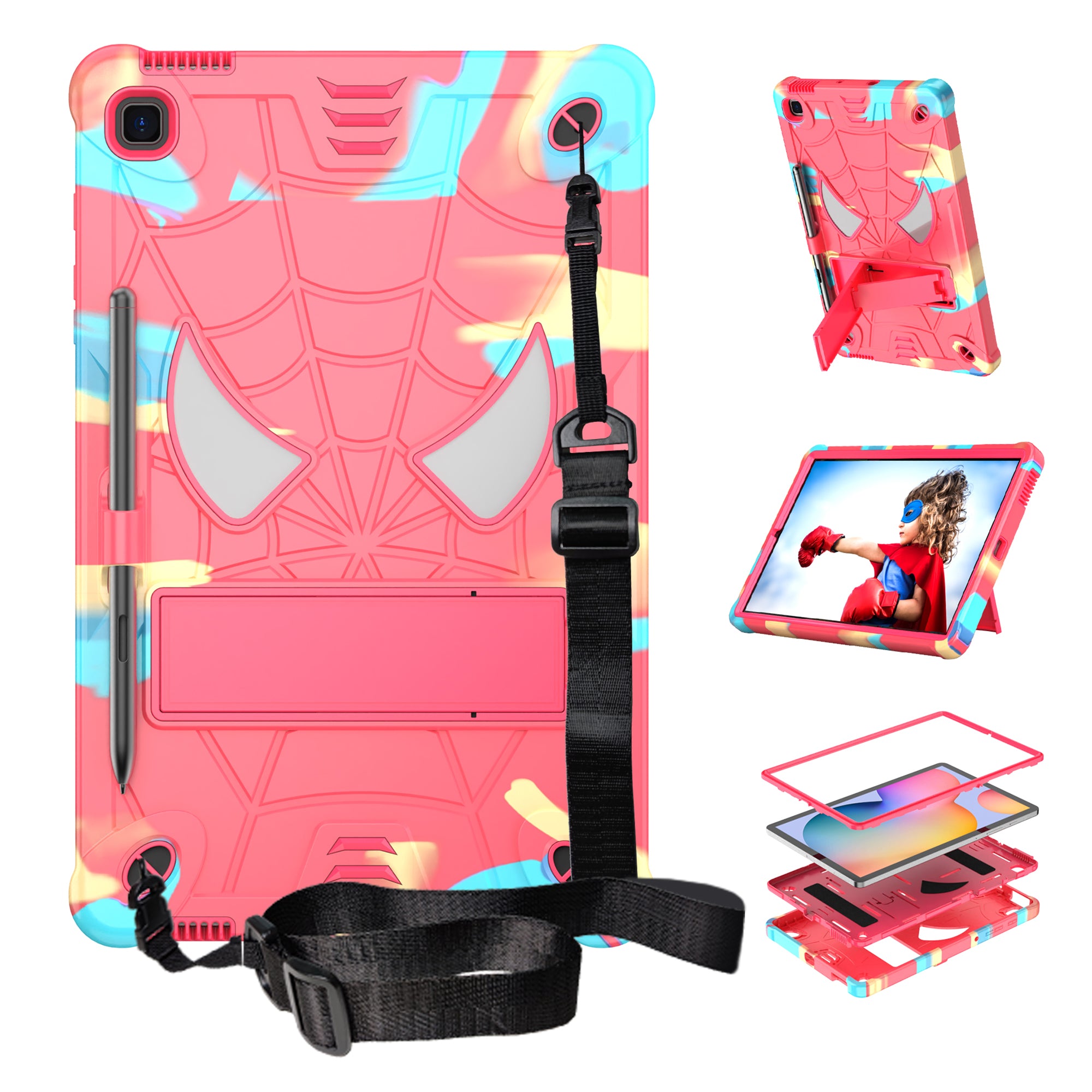 For Samsung Galaxy Tab S6 Lite / S6 Lite (2022) P610 / P613 / P615 / P617 / P619 Spider Web Texture Kickstand Case PC Silicone Tablet Cover