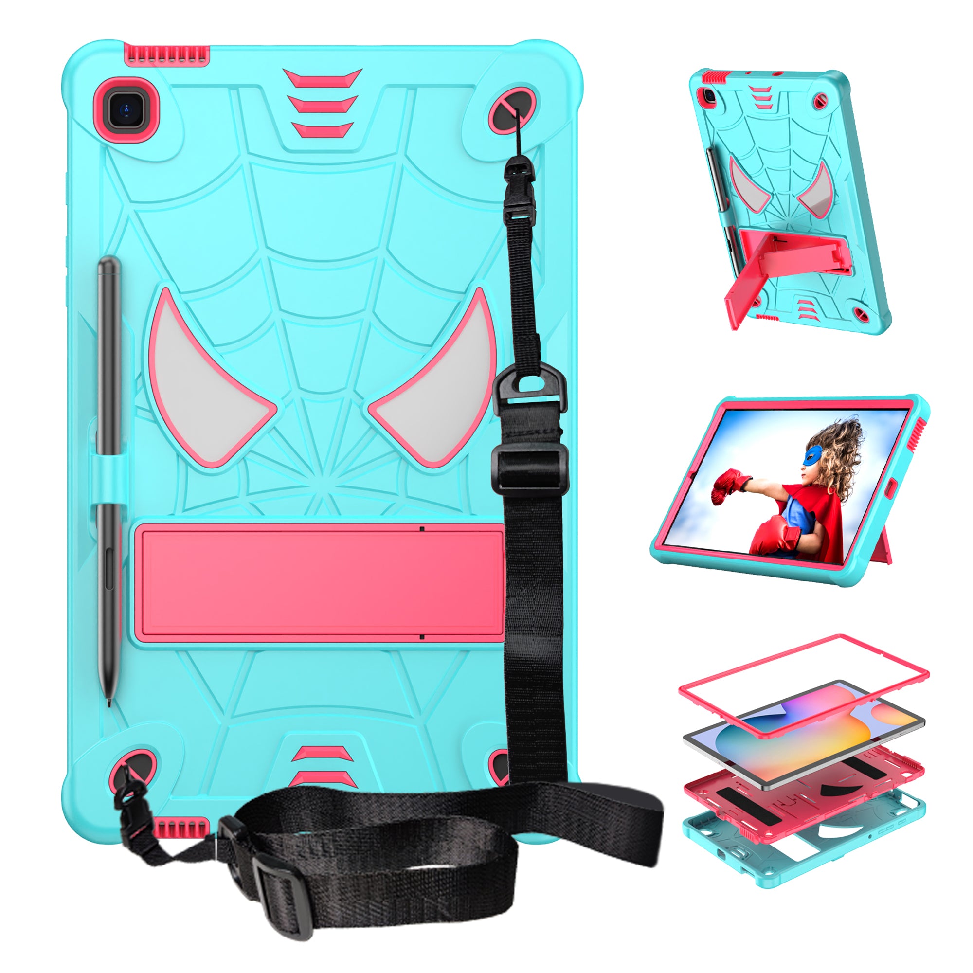 For Samsung Galaxy Tab S6 Lite / S6 Lite (2022) P610 / P613 / P615 / P617 / P619 Spider Web Texture Kickstand Case PC Silicone Tablet Cover