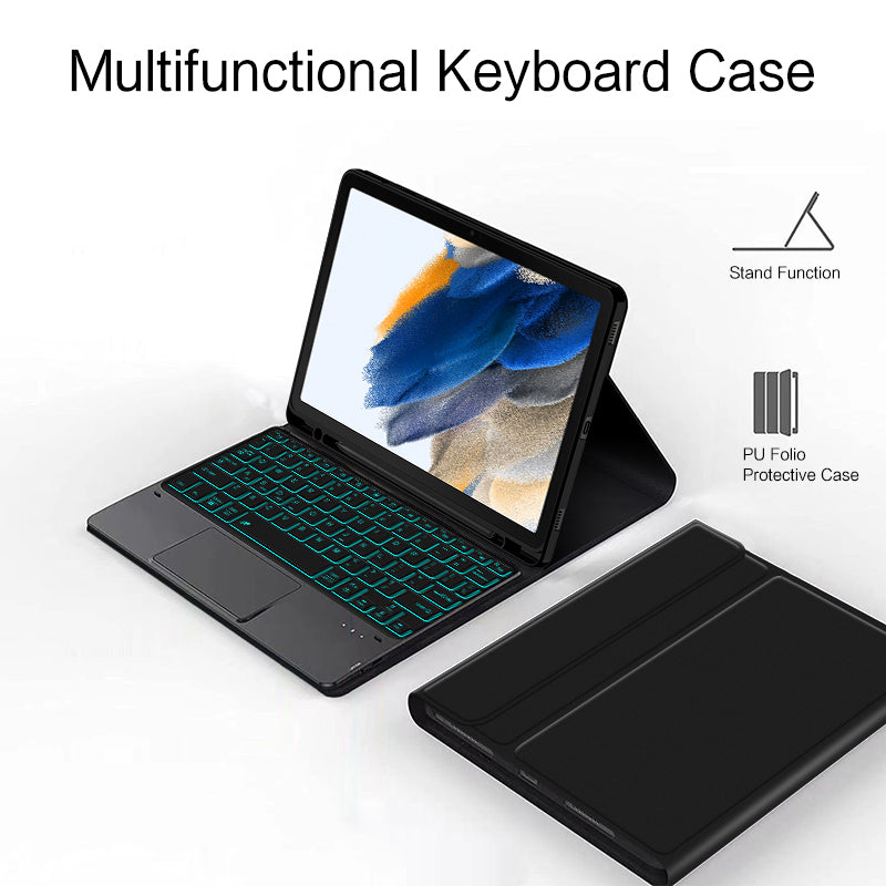 For Samsung Galaxy Tab A8 10.5 (2021) Backlit Design Bluetooth Keyboard + Detachable PU Leather Case with Pen Slot and Touchpad
