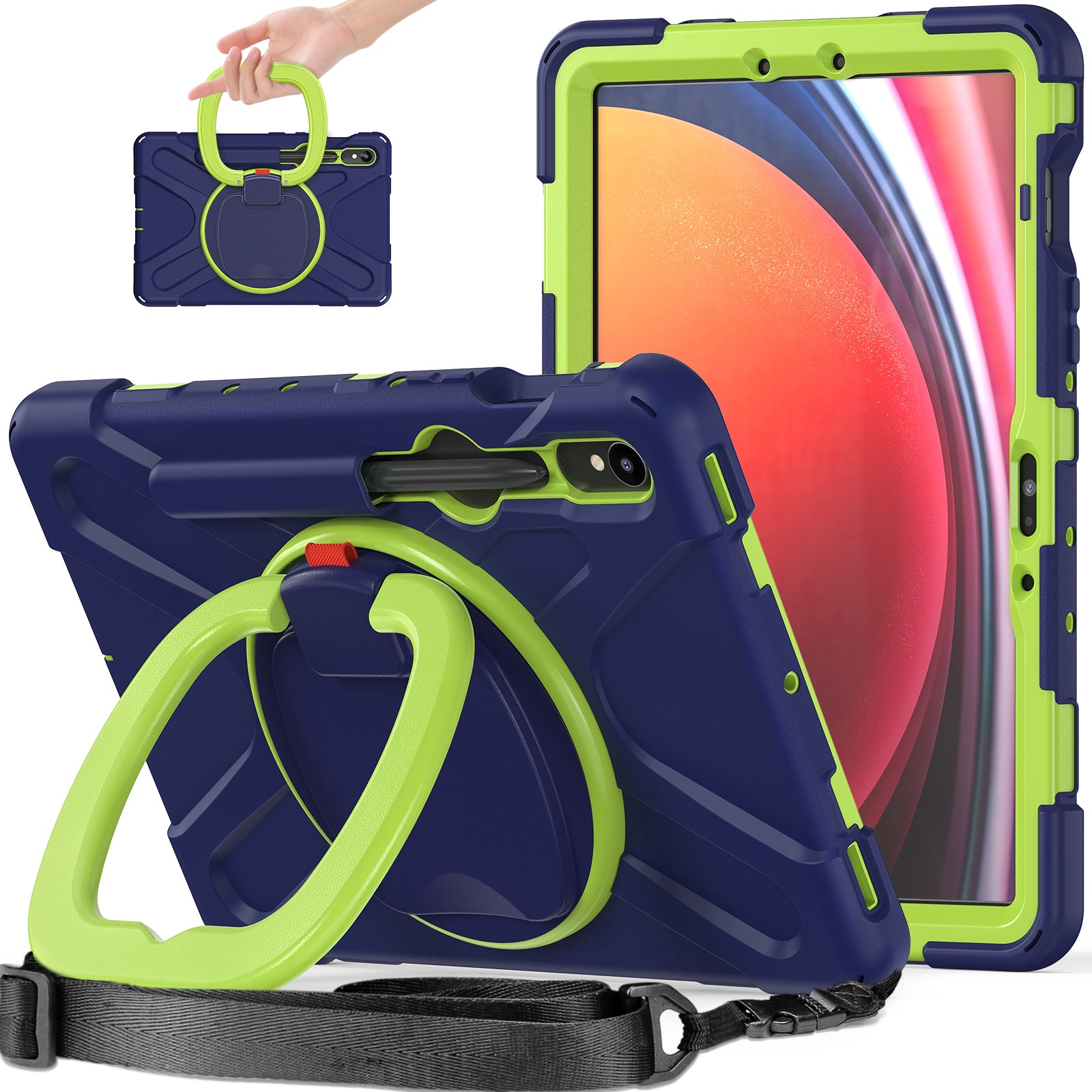 For Samsung Galaxy Tab S9 S8 S7 PC Silicone Protective Case Rotating Kickstand Rugged Tablet Cover with Shoulder Strap