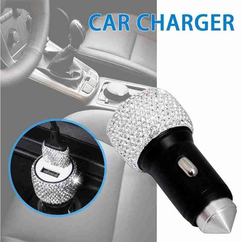 Rhinestone Decor Dual USB Car Charger Phone Fast Charging Power Adapter with Safety Hammer Function