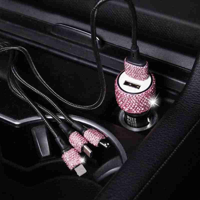 Rhinestone Decor Dual USB Car Charger Phone Fast Charging Power Adapter with Safety Hammer Function